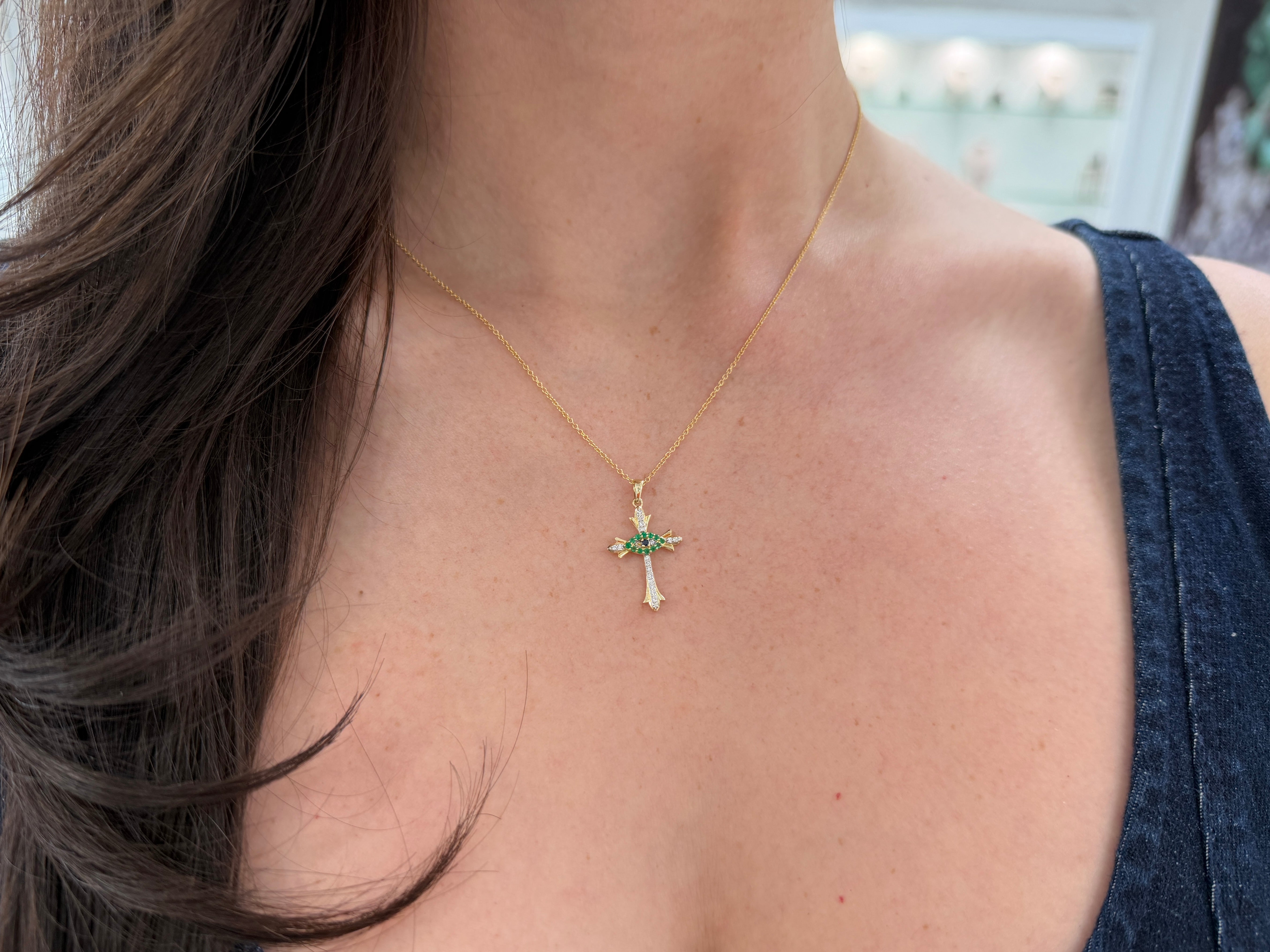 Evil Eye Cross In Natural Emerald, Diamonds, & Sapphire Necklace 14K