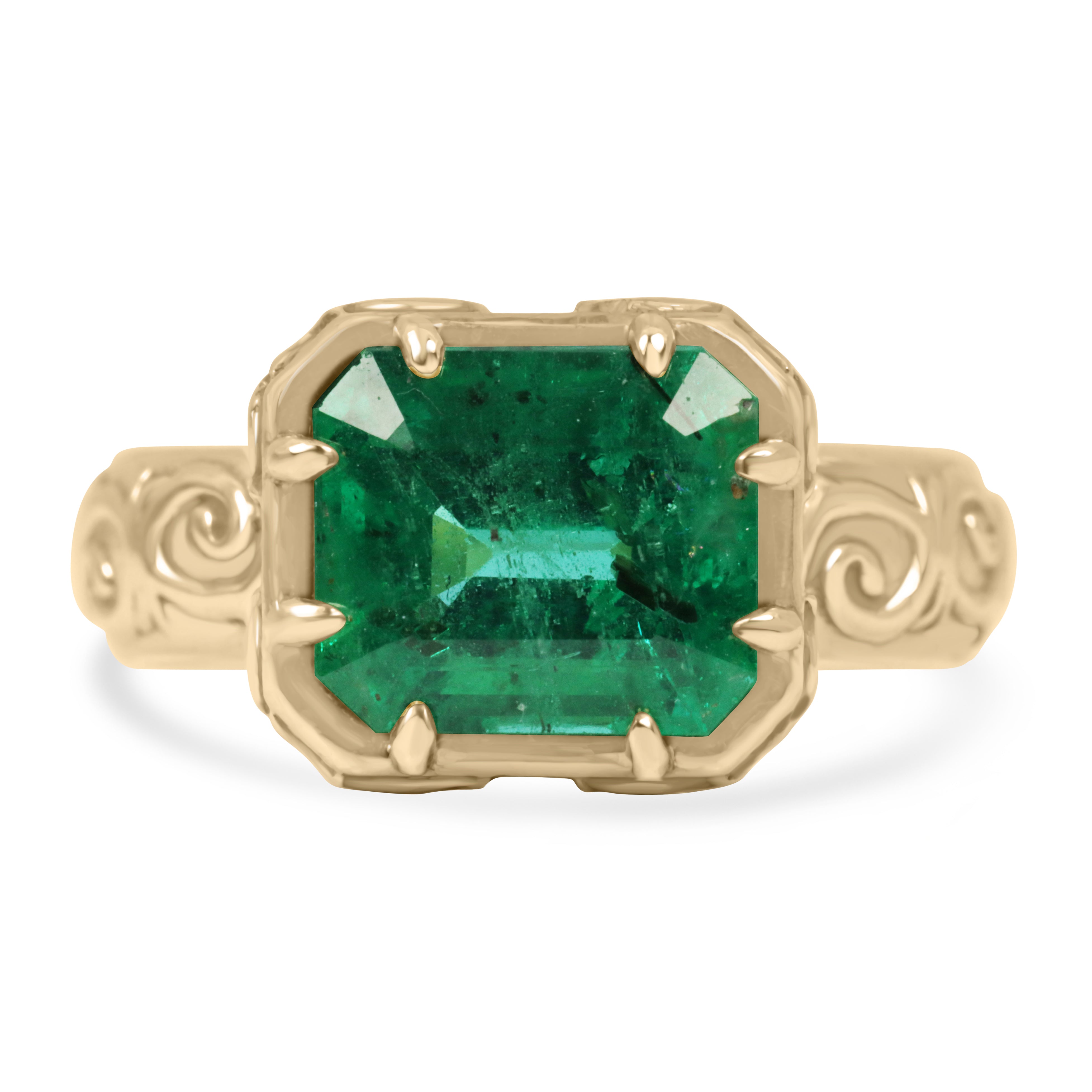 3.65ct 14K East To West Freckled Earth Mined Emerald Solitaire with Scroll/Etch Gold Work