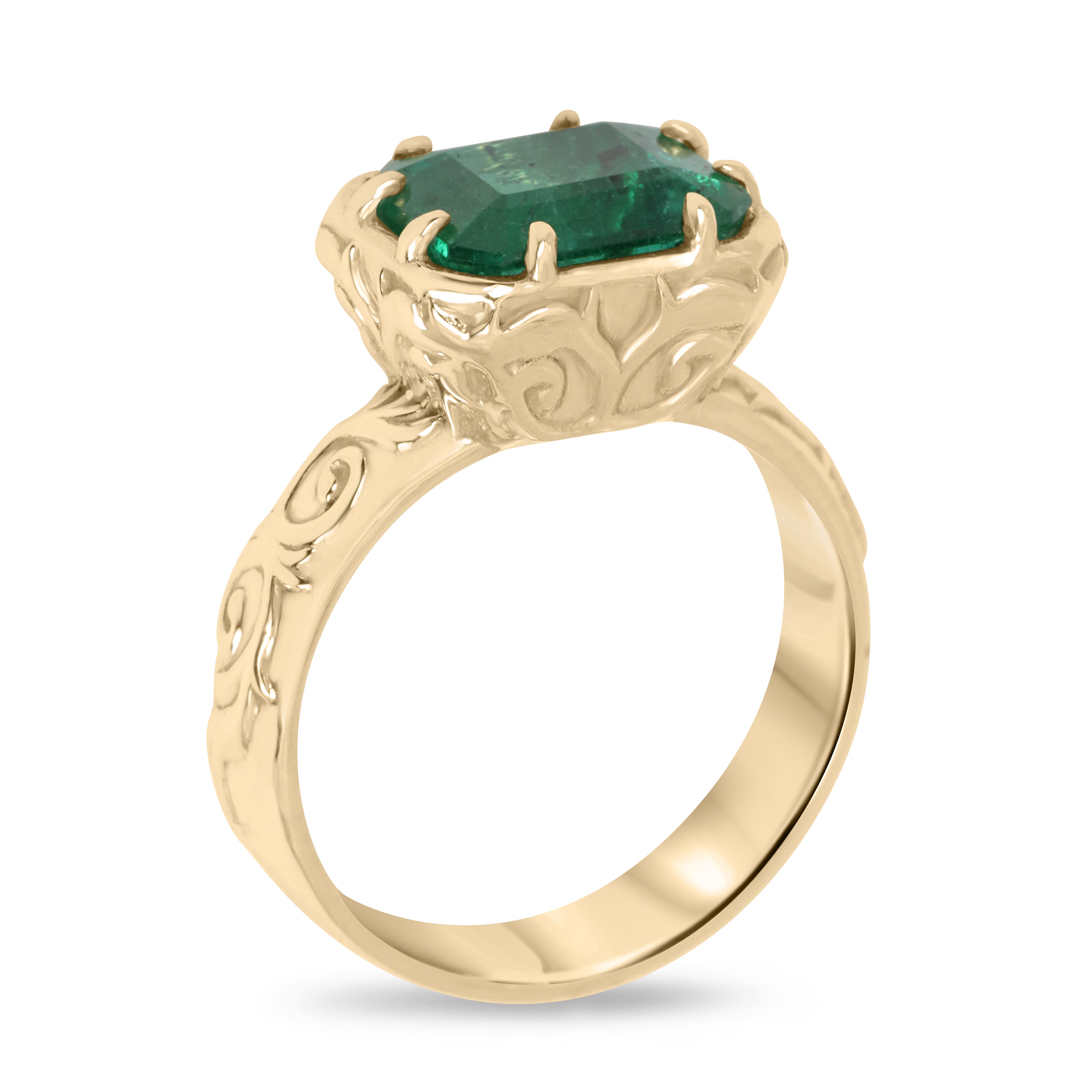 3.65ct 14K East To West Freckled Earth Mined Emerald Solitaire with Scroll/Etch Gold Work