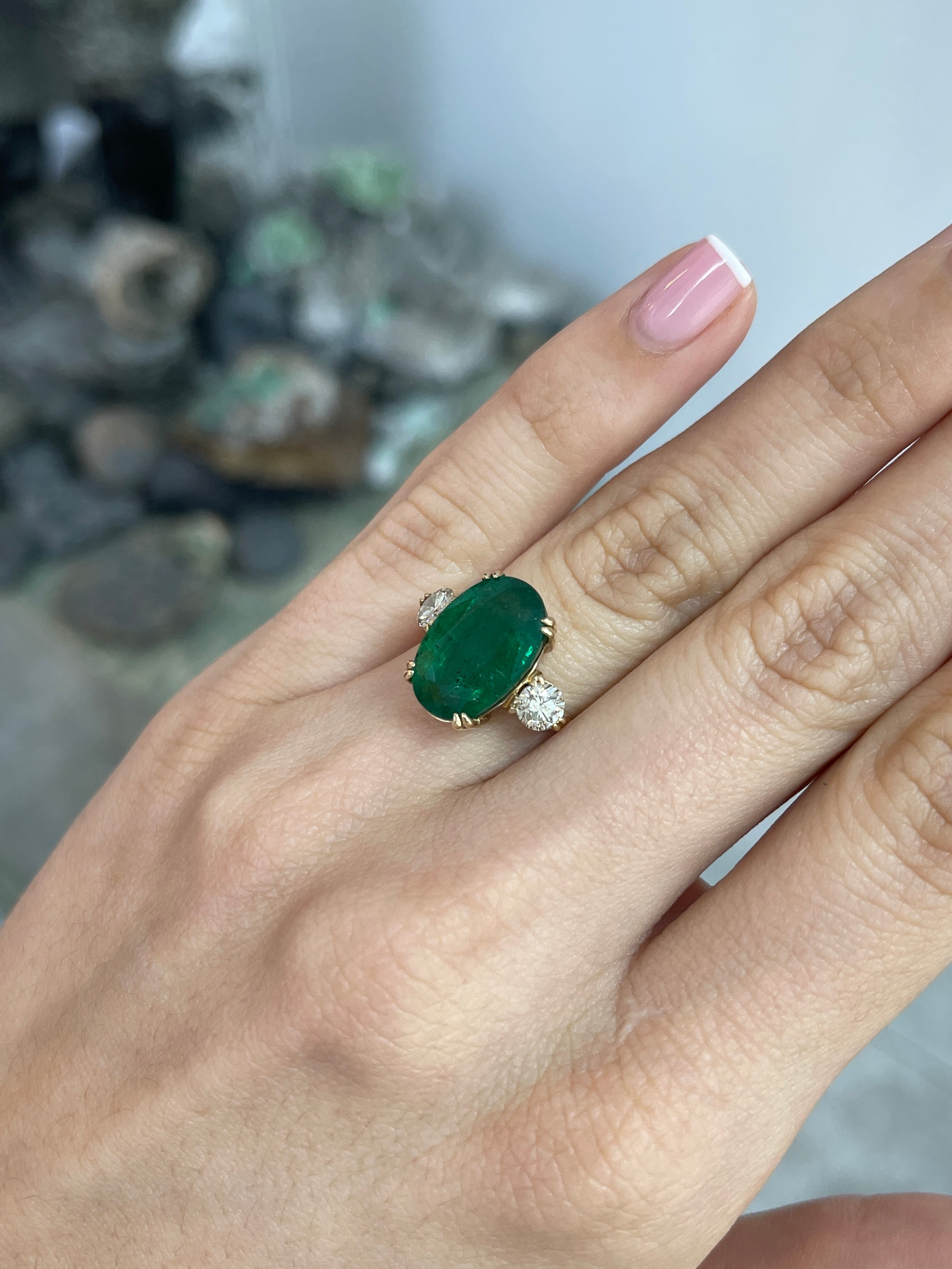 8.39tcw 14K Dark Green Oval Emerald & Round Diamond 3 Stone Double Prong Engagement Ring