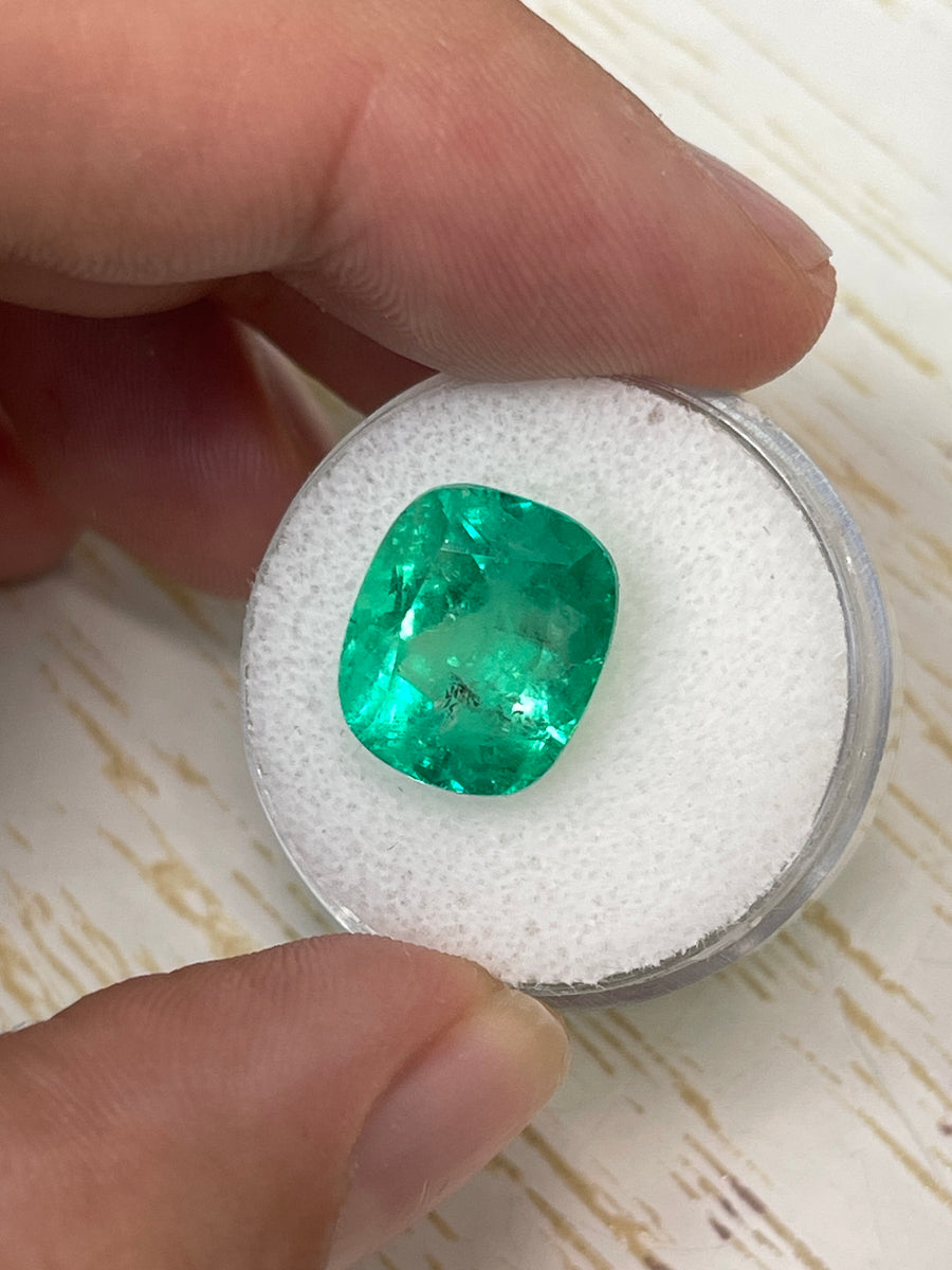 Exquisite 8.04 Carat Loose Colombian Emerald - Cushion Cut in a Yellow-Green Shade