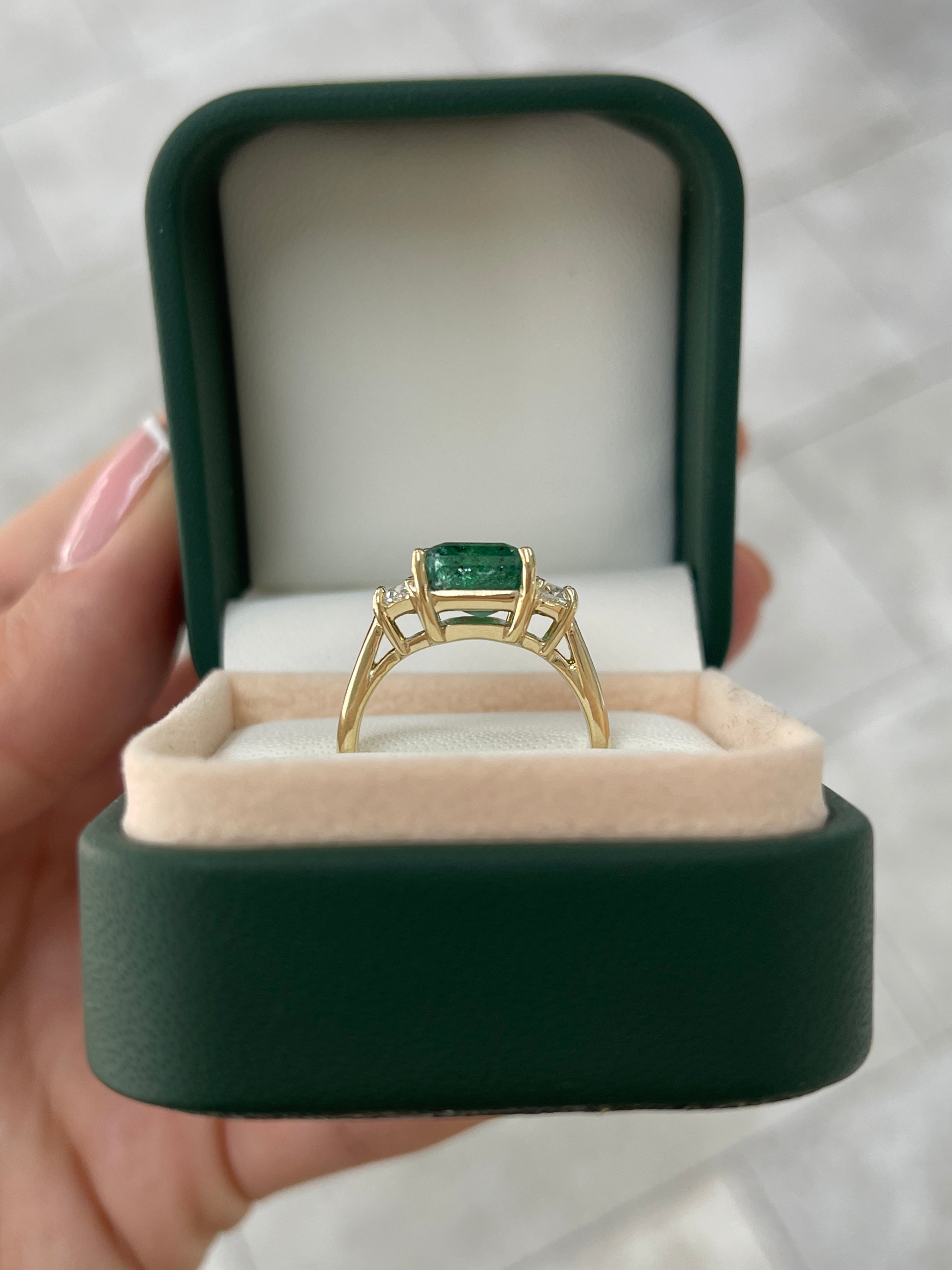 4.88tcw Natural Emerald & Lab Half Moon Diamond 14K Three Stone Ring