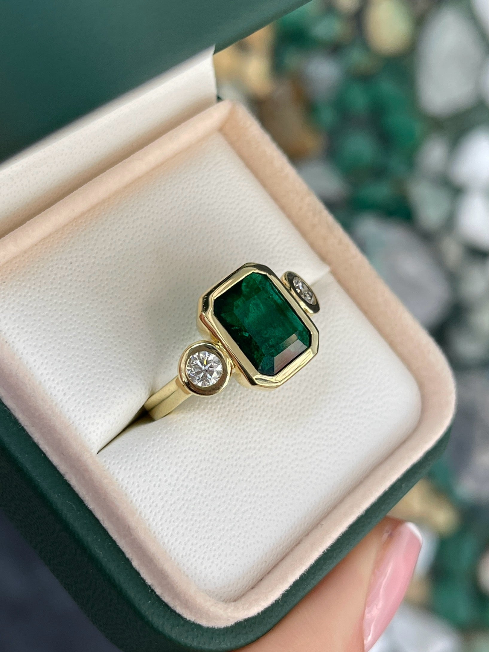 4.58tcw Bezel Set Natural Dark Emerald & Round Diamond 18K Three Stone Ring