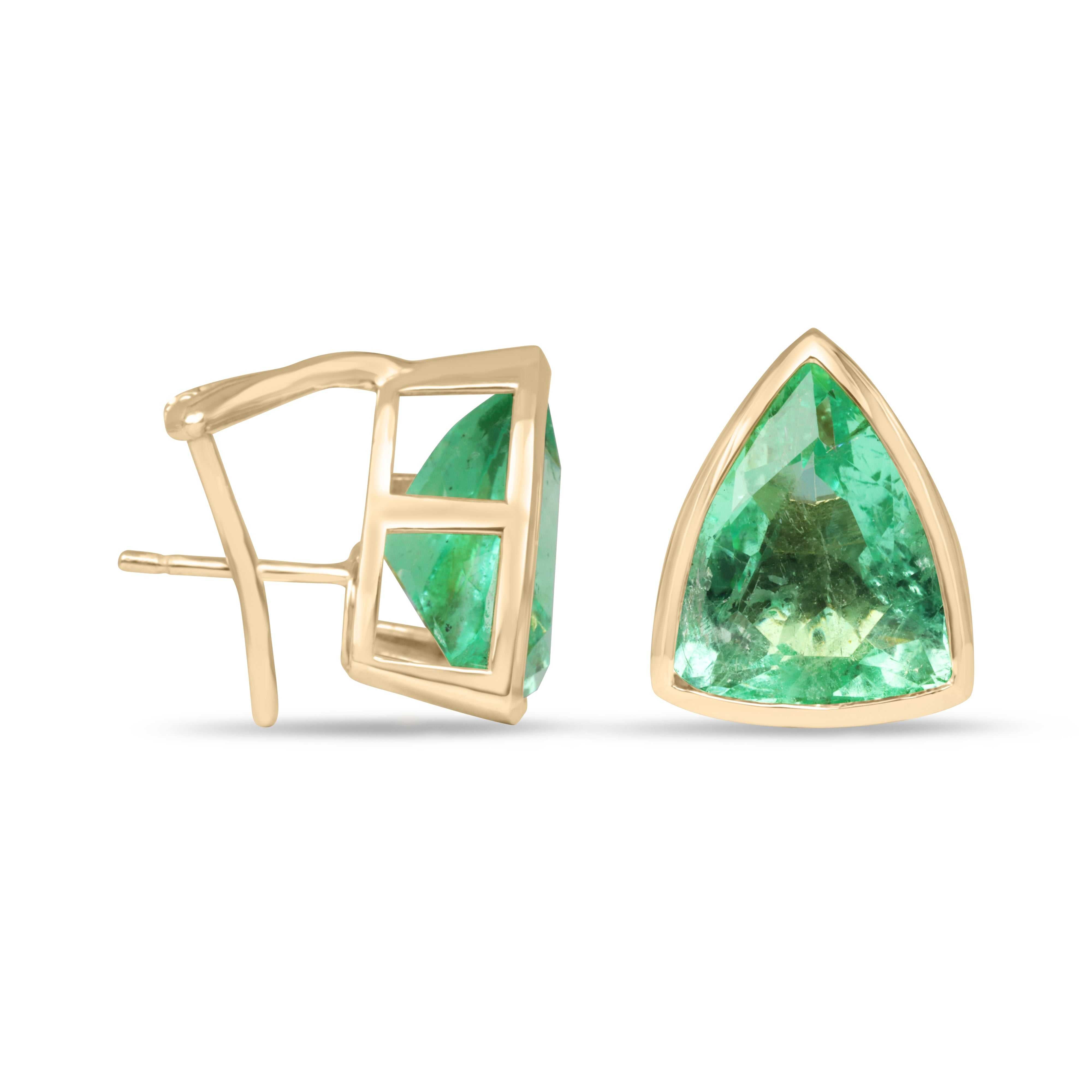 15.76tcw RARE LARGE Trillion Cut Colombian Emerald Bezel Set Omega Earrings 18K