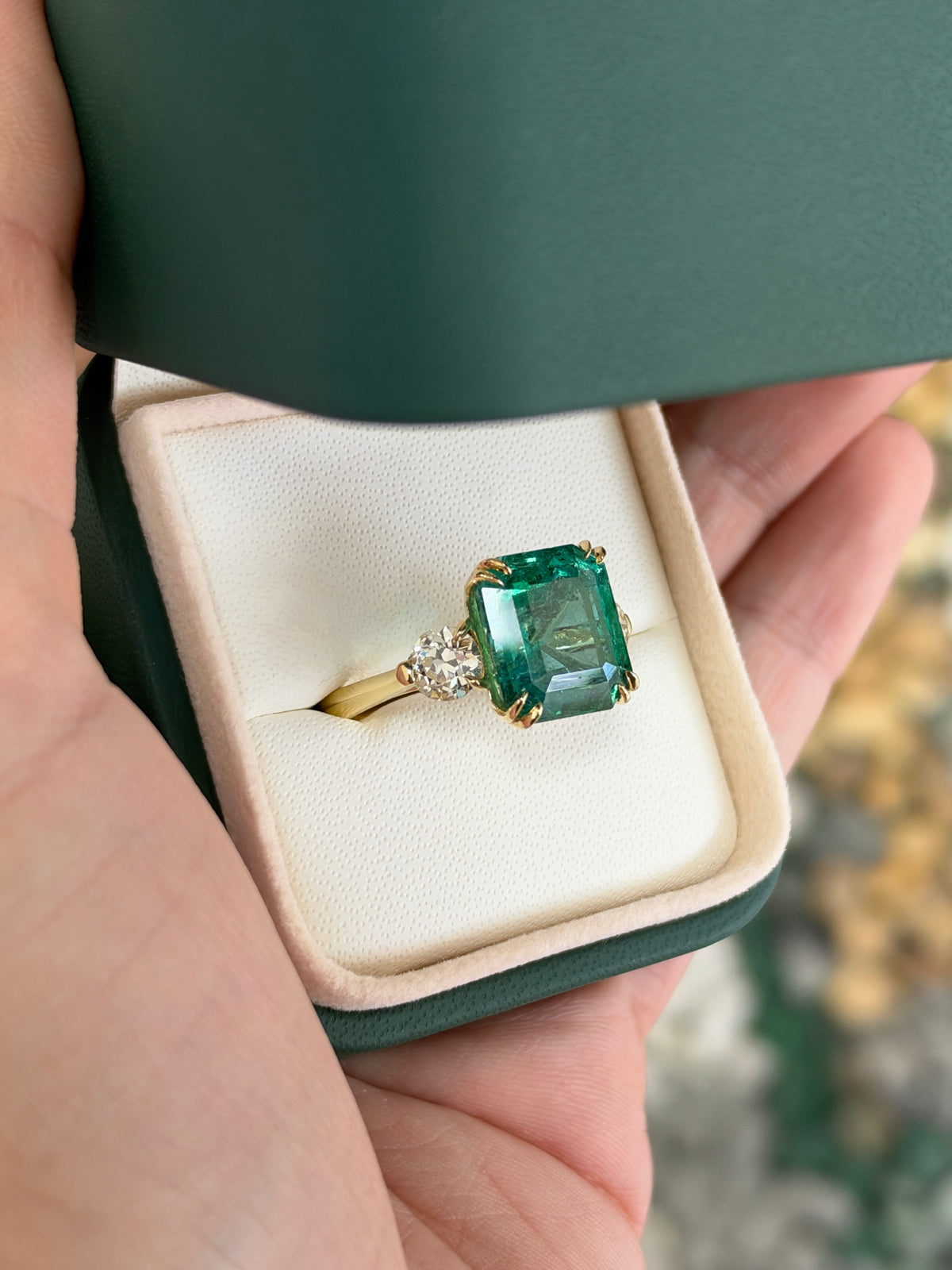 9.98tcw 18K Large Asscher Cut Emerald & Old European Cut Diamond Three Stone Ring