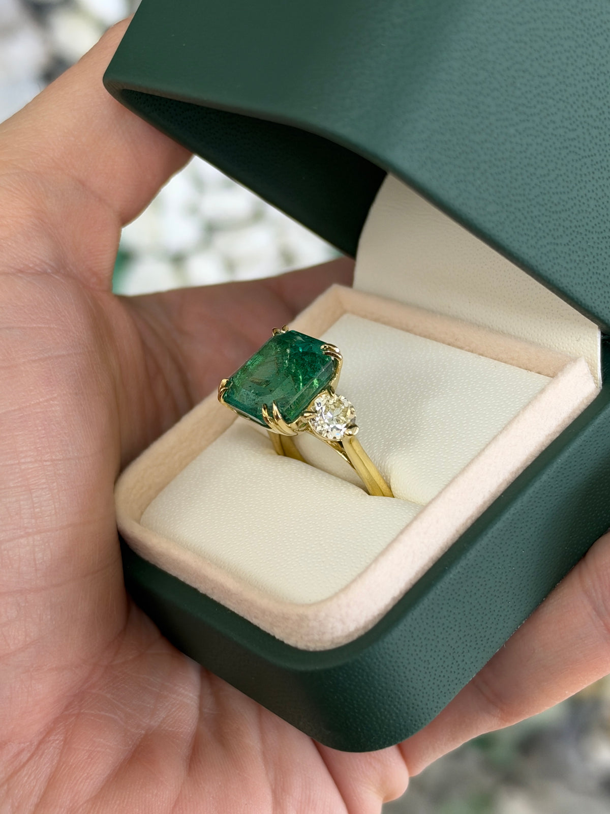 9.98tcw 18K Large Asscher Cut Emerald & Old European Cut Diamond Three Stone Ring