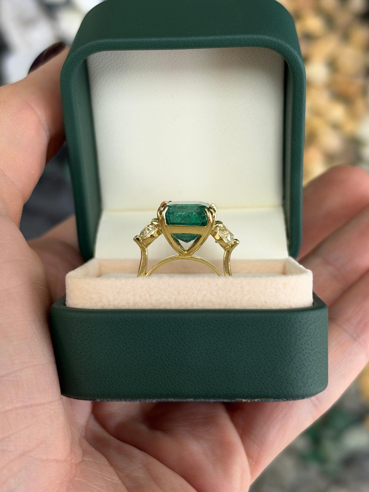9.98tcw 18K Large Asscher Cut Emerald & Old European Cut Diamond Three Stone Ring