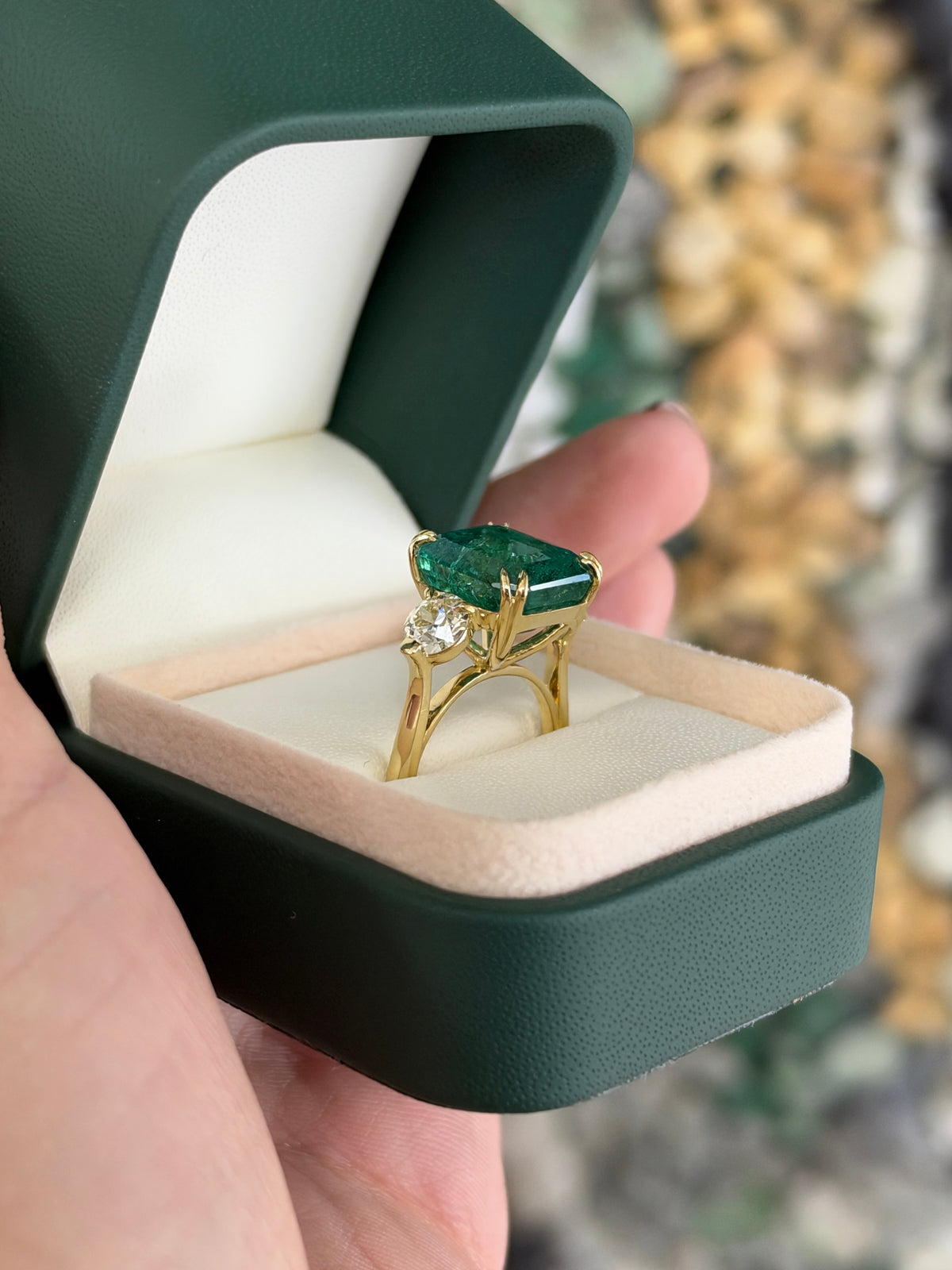 9.98tcw 18K Large Asscher Cut Emerald & Old European Cut Diamond Three Stone Ring
