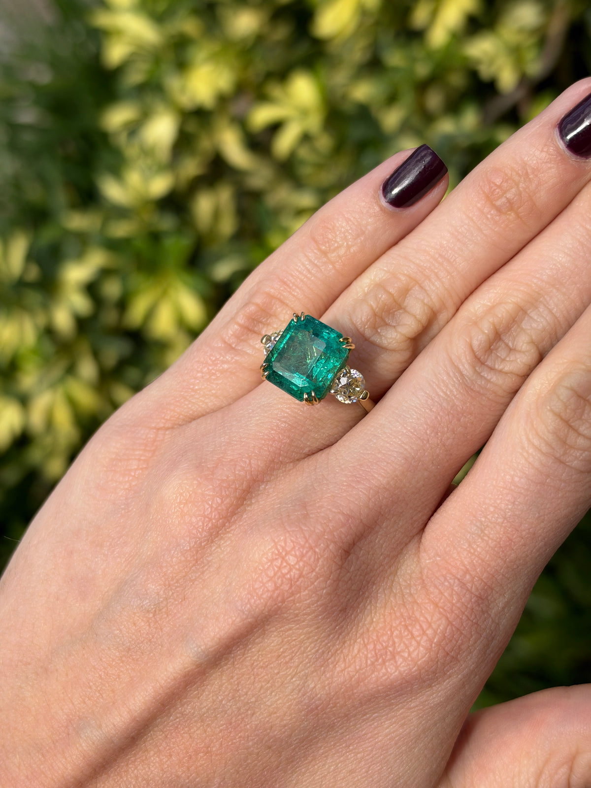 9.98tcw 18K Large Asscher Cut Emerald & Old European Cut Diamond Three Stone Ring