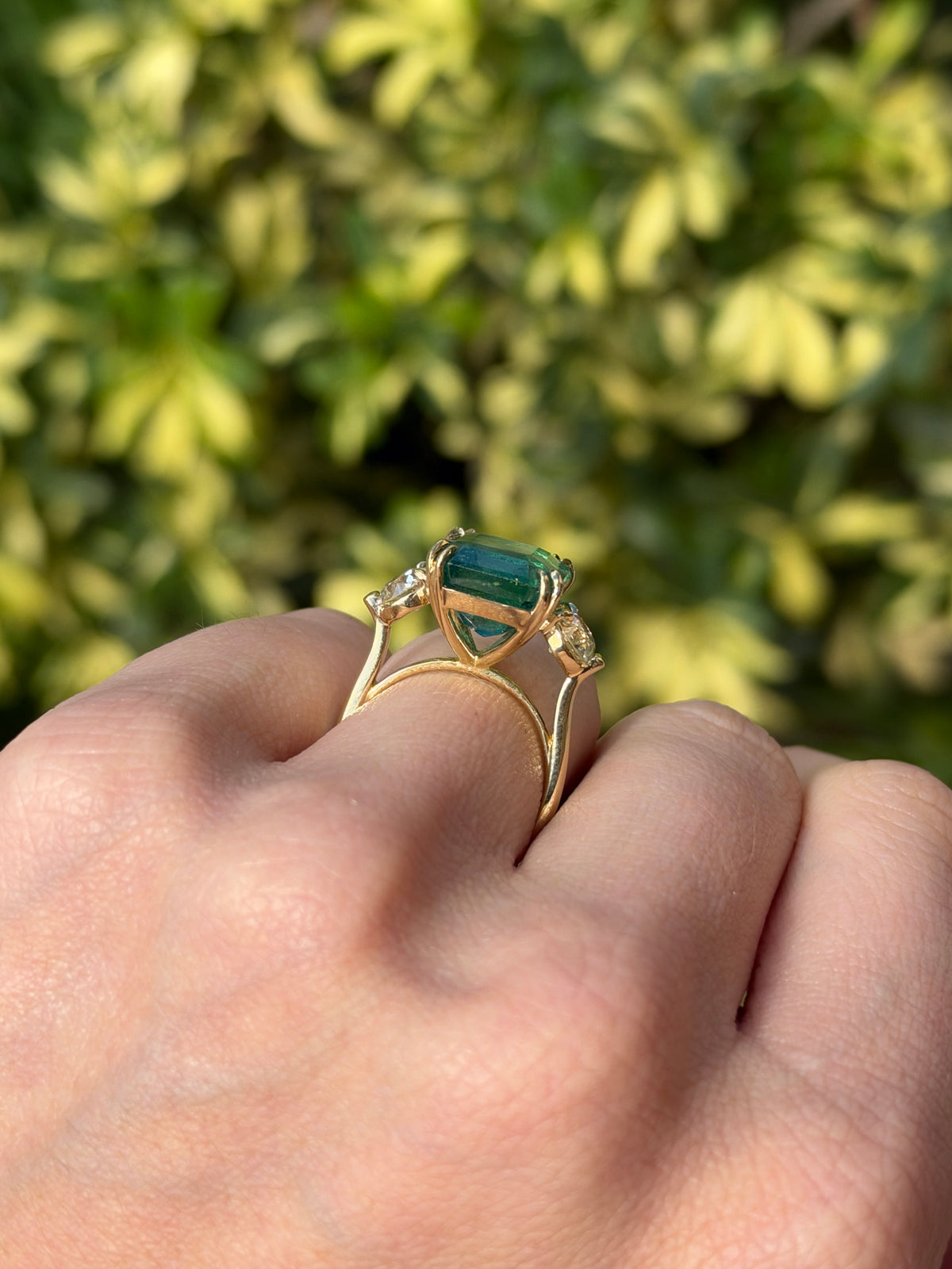 9.98tcw 18K Large Asscher Cut Emerald & Old European Cut Diamond Three Stone Ring