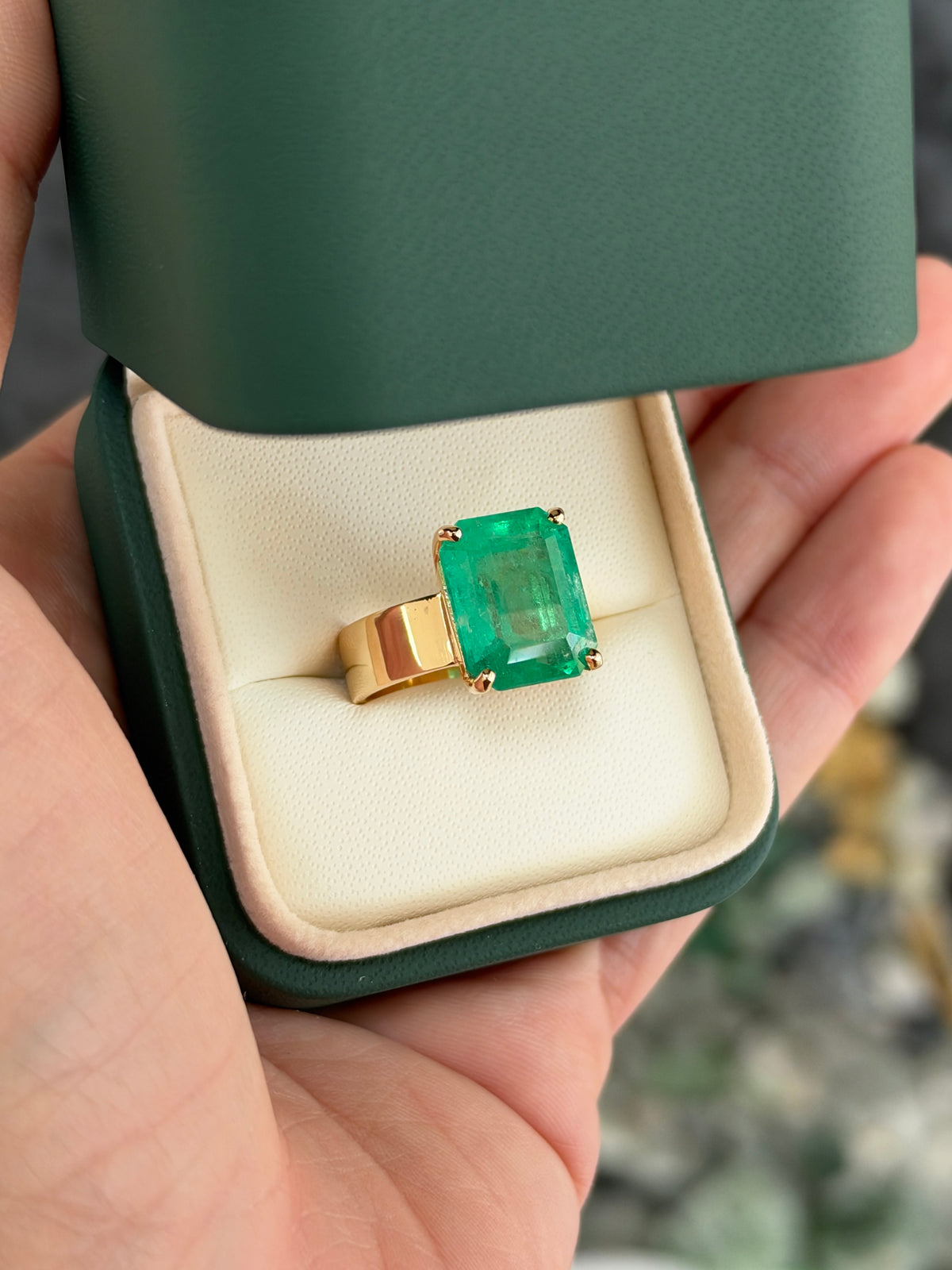 8.66ct 18K Glowing Muzo Emerald Cut Colombian Emerald 6mm Wide Band Solitaire Ring