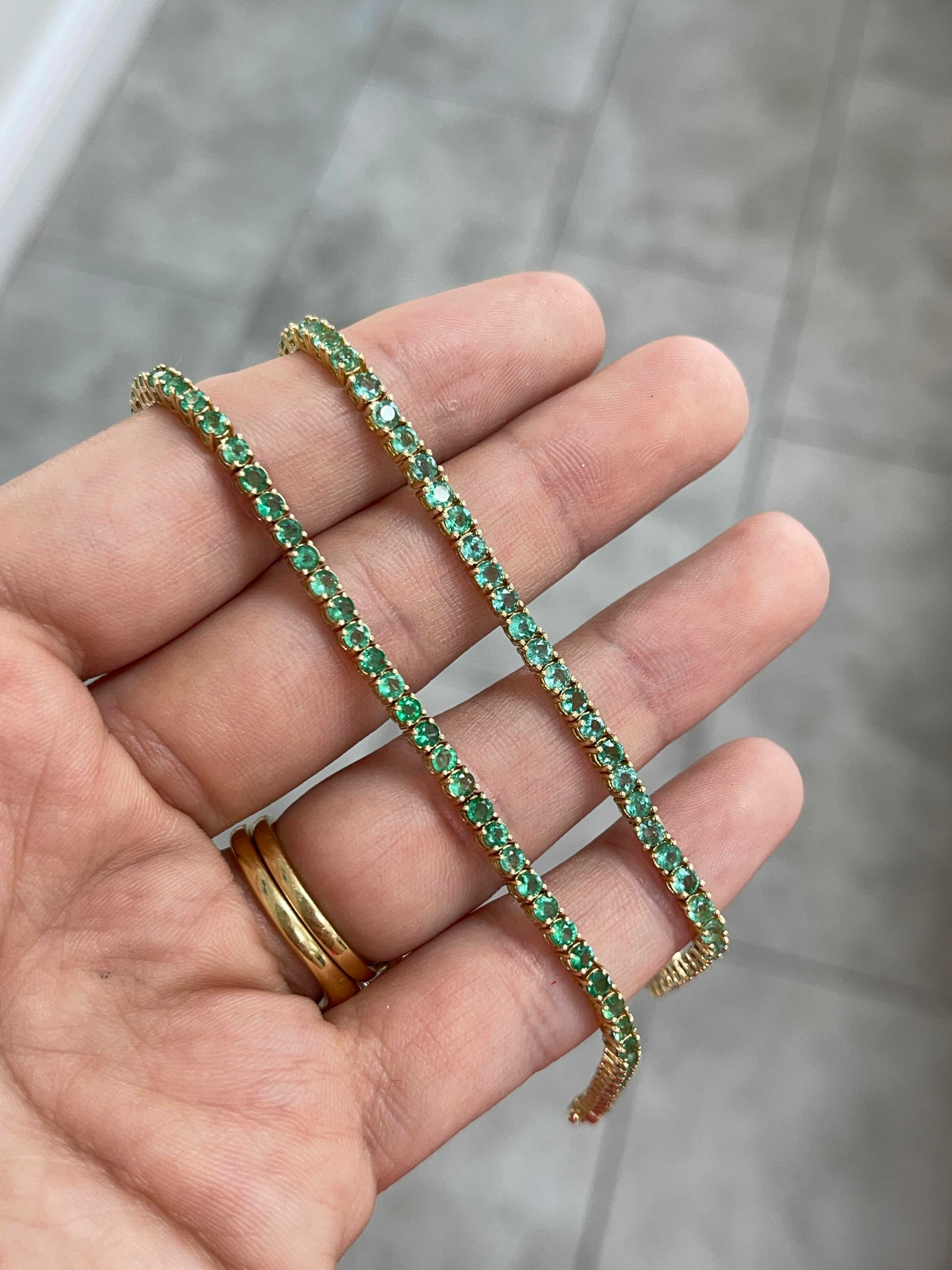 3.90ct+ Classic Natural Round Emerald 7 In Tennis Bracelet 14K - JR Colombian Emeralds