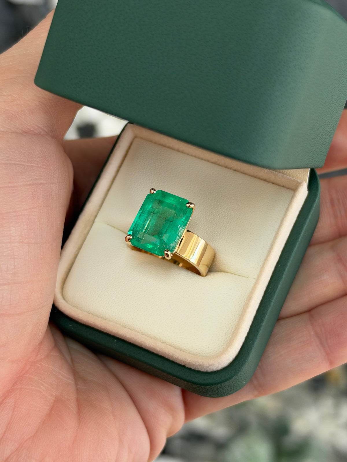 8.66ct 18K Glowing Muzo Emerald Cut Colombian Emerald 6mm Wide Band Solitaire Ring