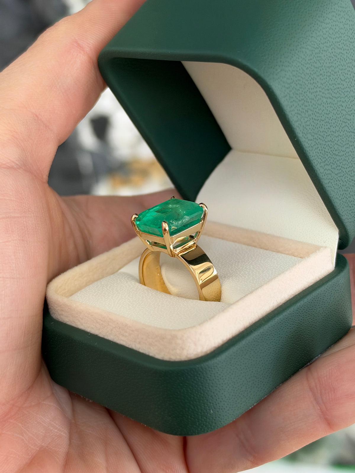 8.66ct 18K Glowing Muzo Emerald Cut Colombian Emerald 6mm Wide Band Solitaire Ring