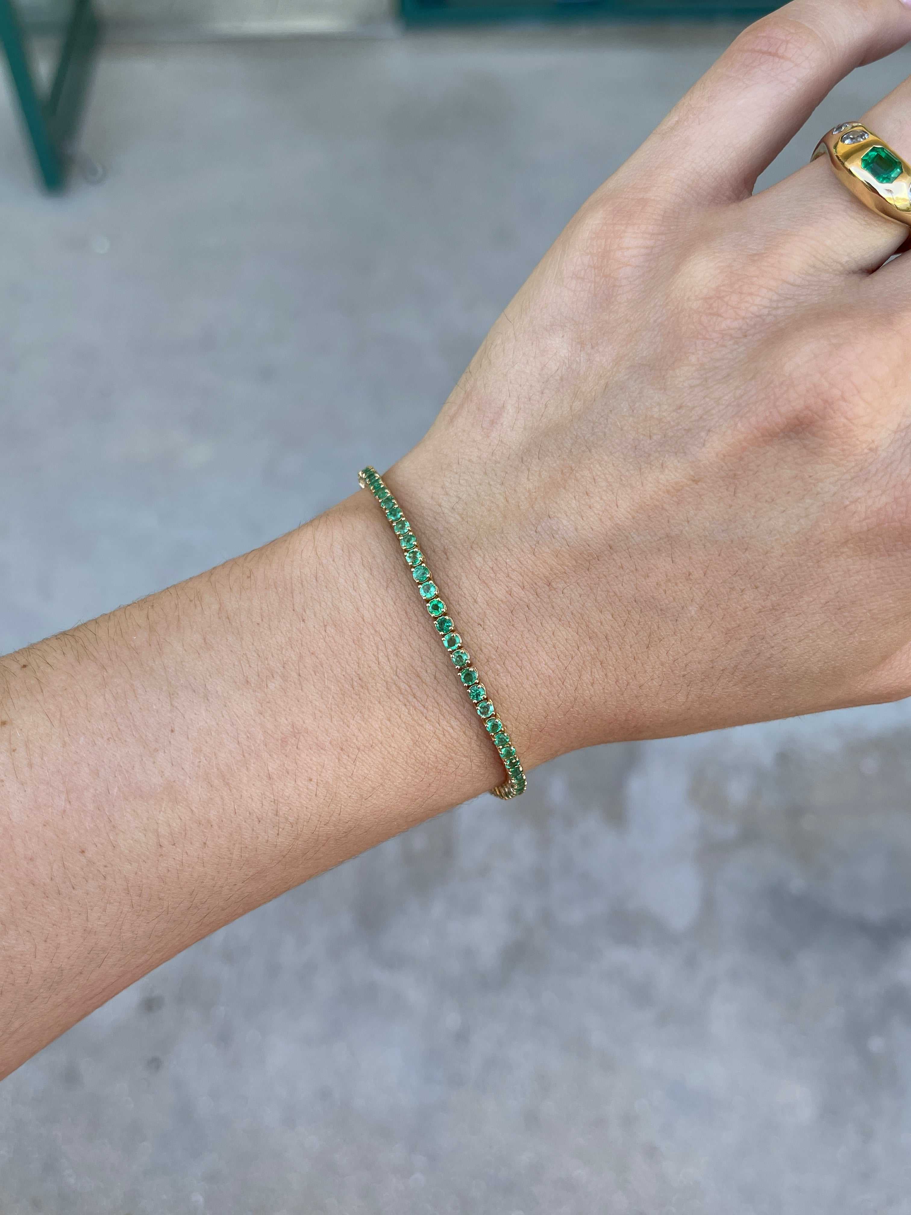 3.90ct+ Classic Natural Round Emerald 7 In Tennis Bracelet 14K - JR Colombian Emeralds