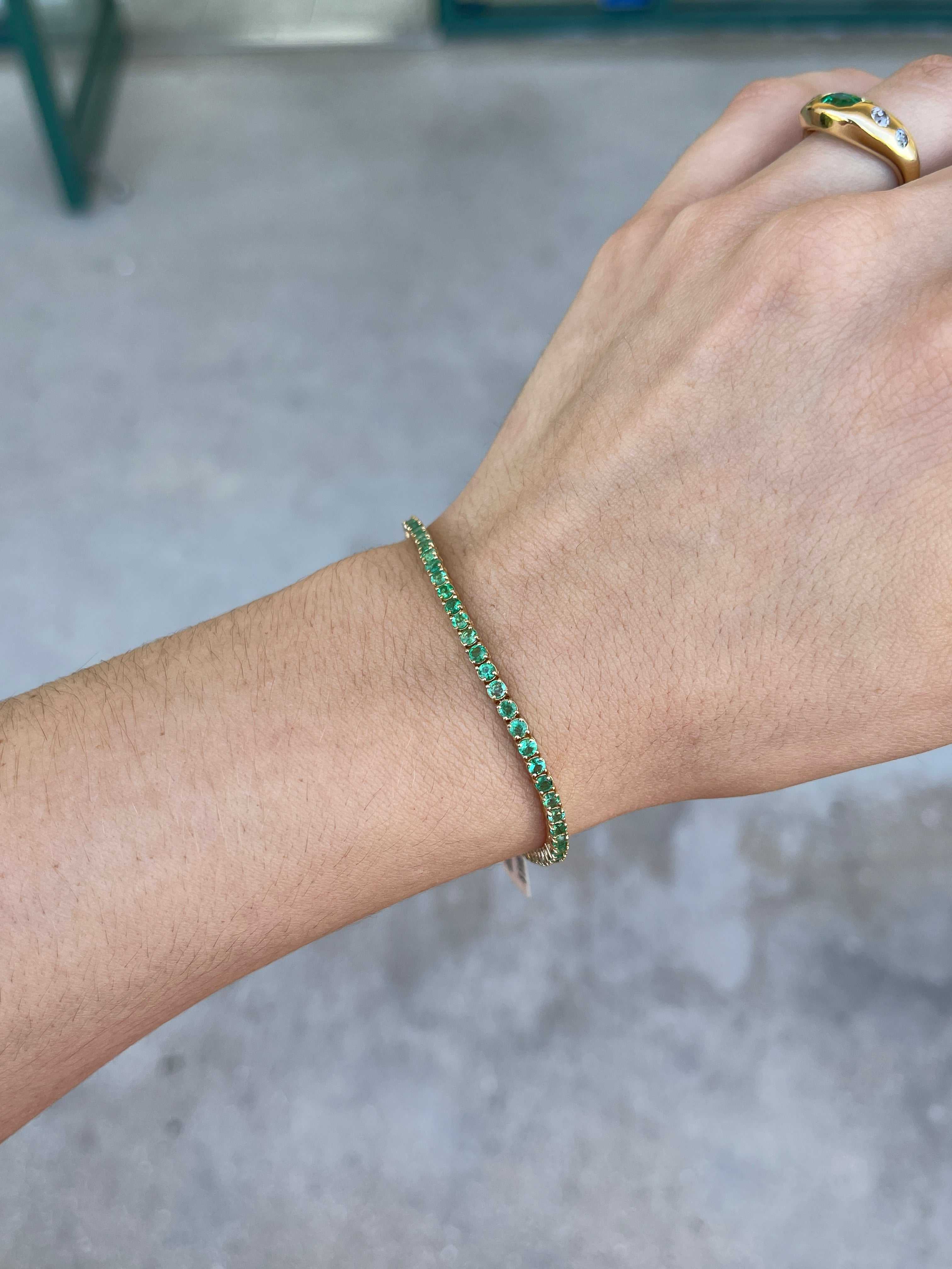 3.90ct+ Classic Natural Round Emerald 7 In Tennis Bracelet 14K - JR Colombian Emeralds
