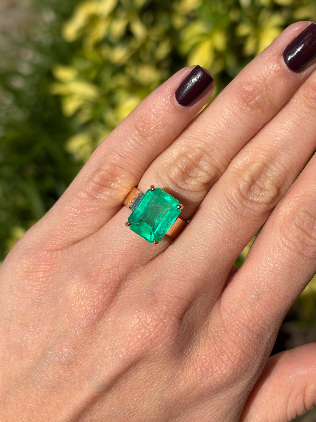 8.66ct 18K Glowing Muzo Emerald Cut Colombian Emerald 6mm Wide Band Solitaire Ring