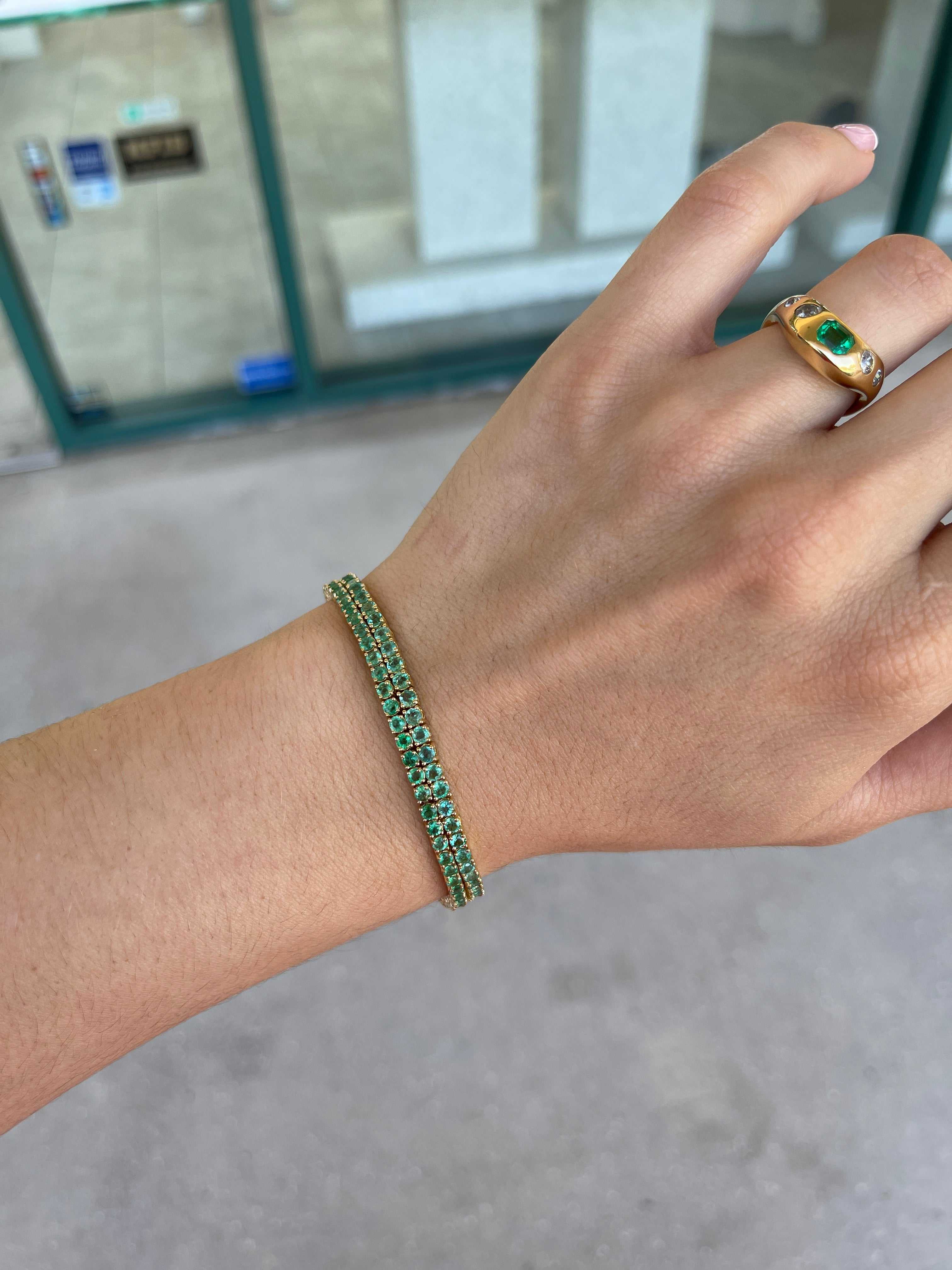 3.90ct+ Classic Natural Round Emerald 7 In Tennis Bracelet 14K - JR Colombian Emeralds