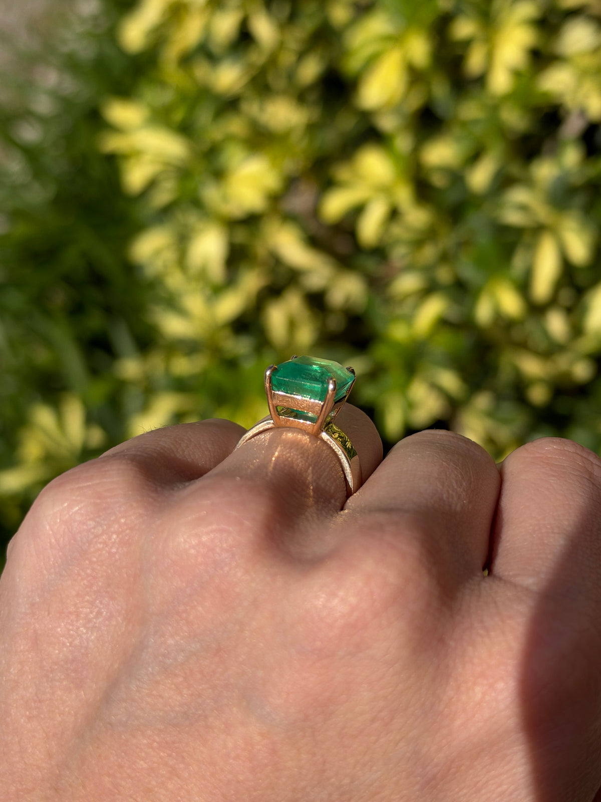 8.66ct 18K Glowing Muzo Emerald Cut Colombian Emerald 6mm Wide Band Solitaire Ring