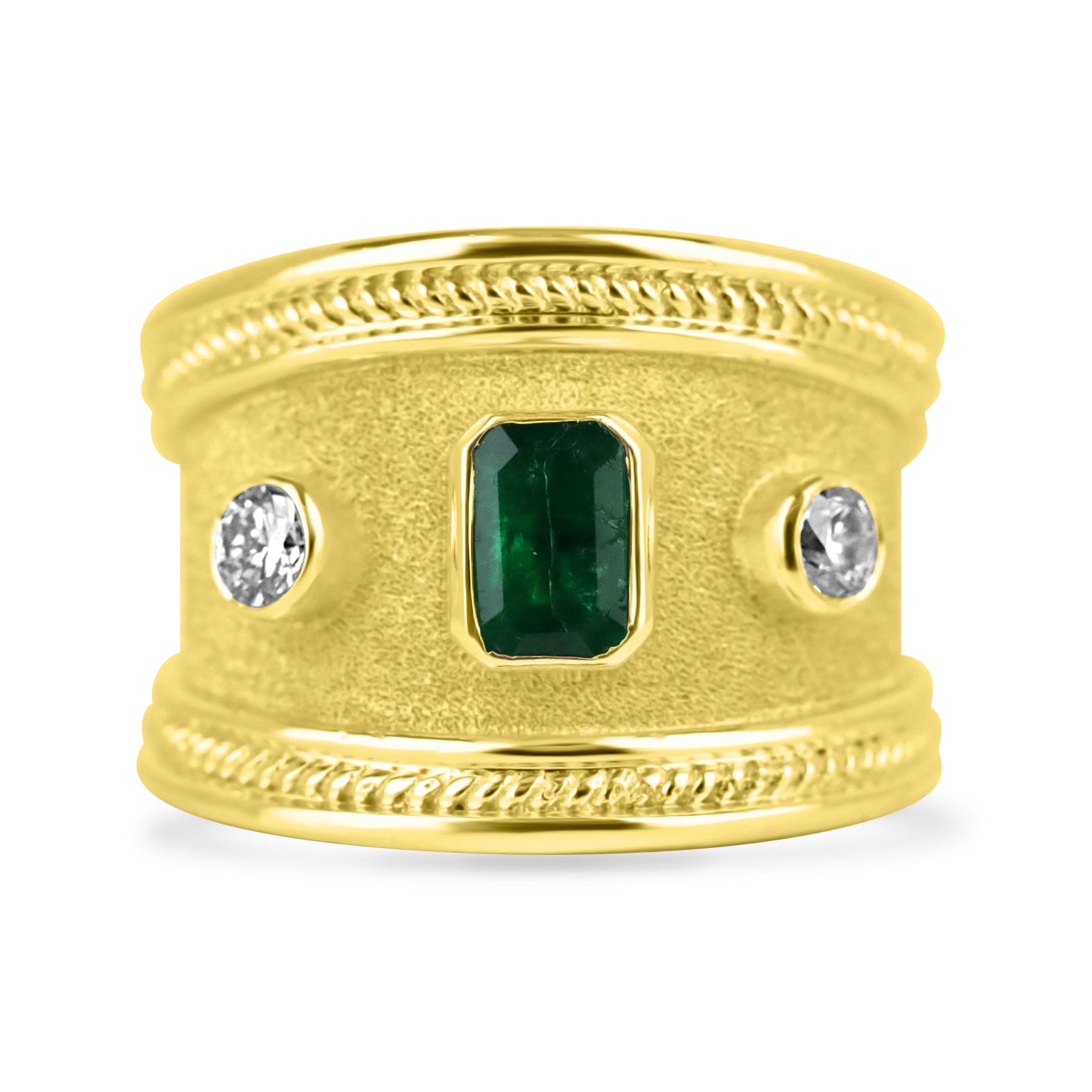 18K Byzantine Emerald & Diamond Three Stone Ring Size 6