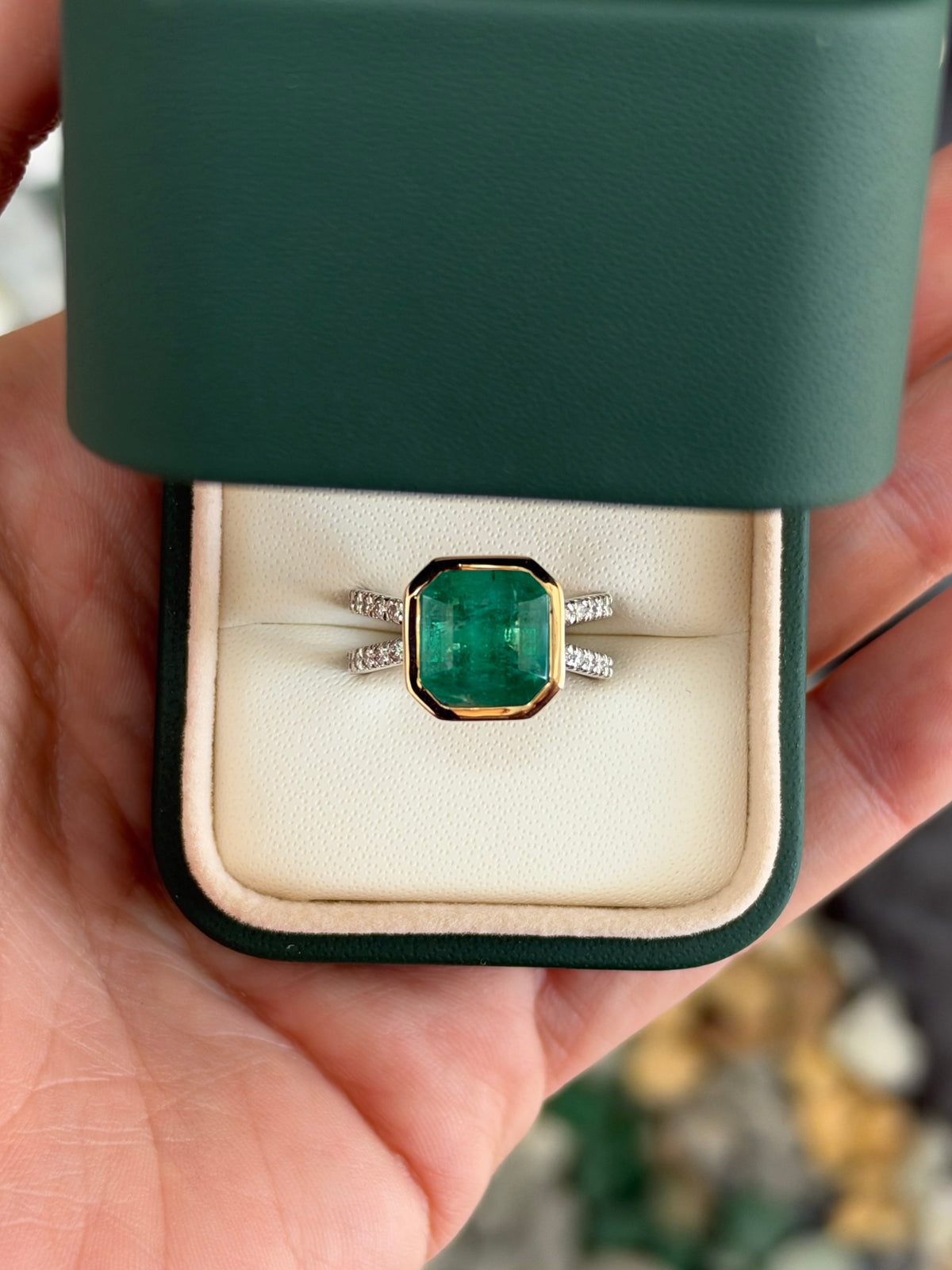 4.60tcw 14K Bezel Set Asscher Emerald & Diamond Split Shank in Platinum Ring