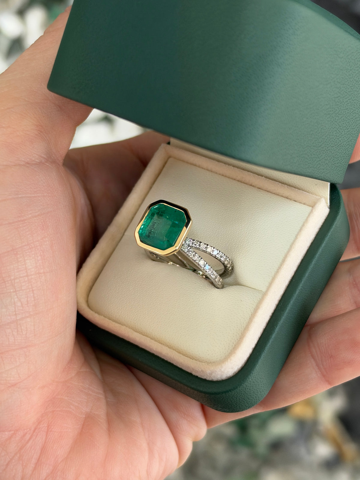 4.60tcw 14K Bezel Set Asscher Emerald & Diamond Split Shank in Platinum Ring