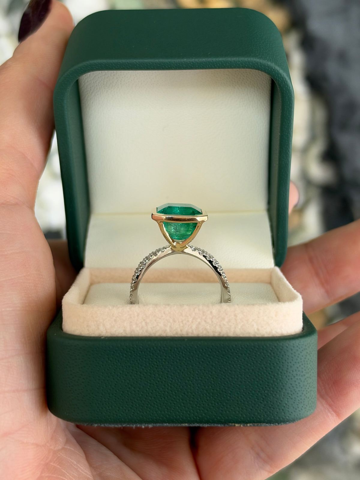 4.60tcw 14K Bezel Set Asscher Emerald & Diamond Split Shank in Platinum Ring