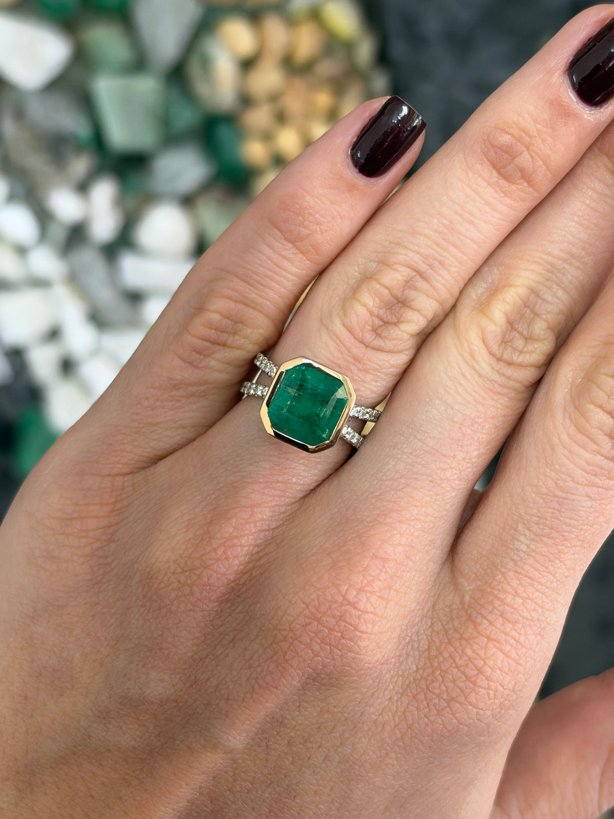 4.60tcw 14K Bezel Set Asscher Emerald & Diamond Split Shank in Platinum Ring