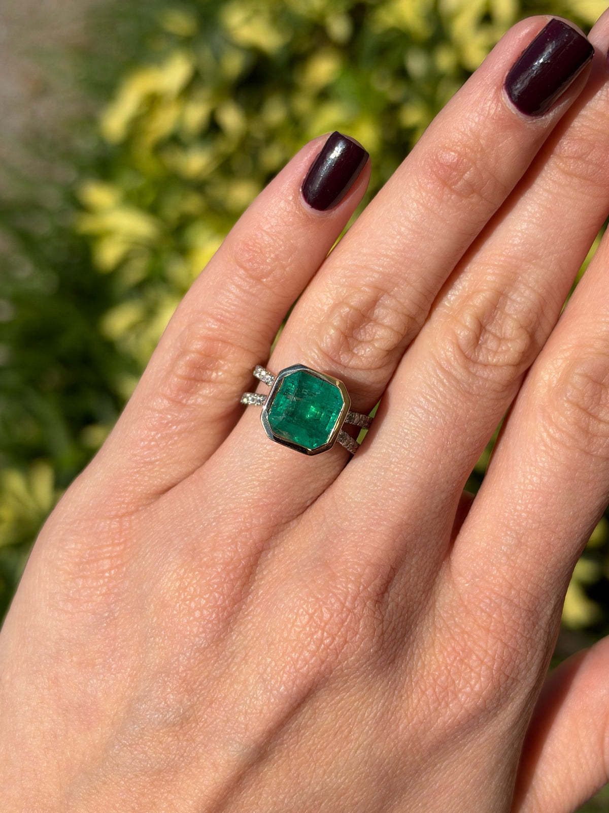 4.60tcw 14K Bezel Set Asscher Emerald & Diamond Split Shank in Platinum Ring