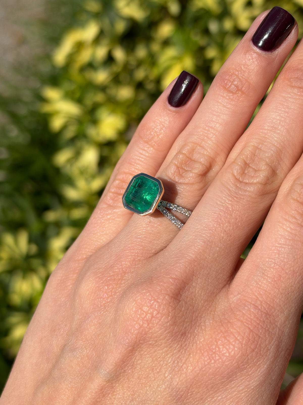 4.60tcw 14K Bezel Set Asscher Emerald & Diamond Split Shank in Platinum Ring