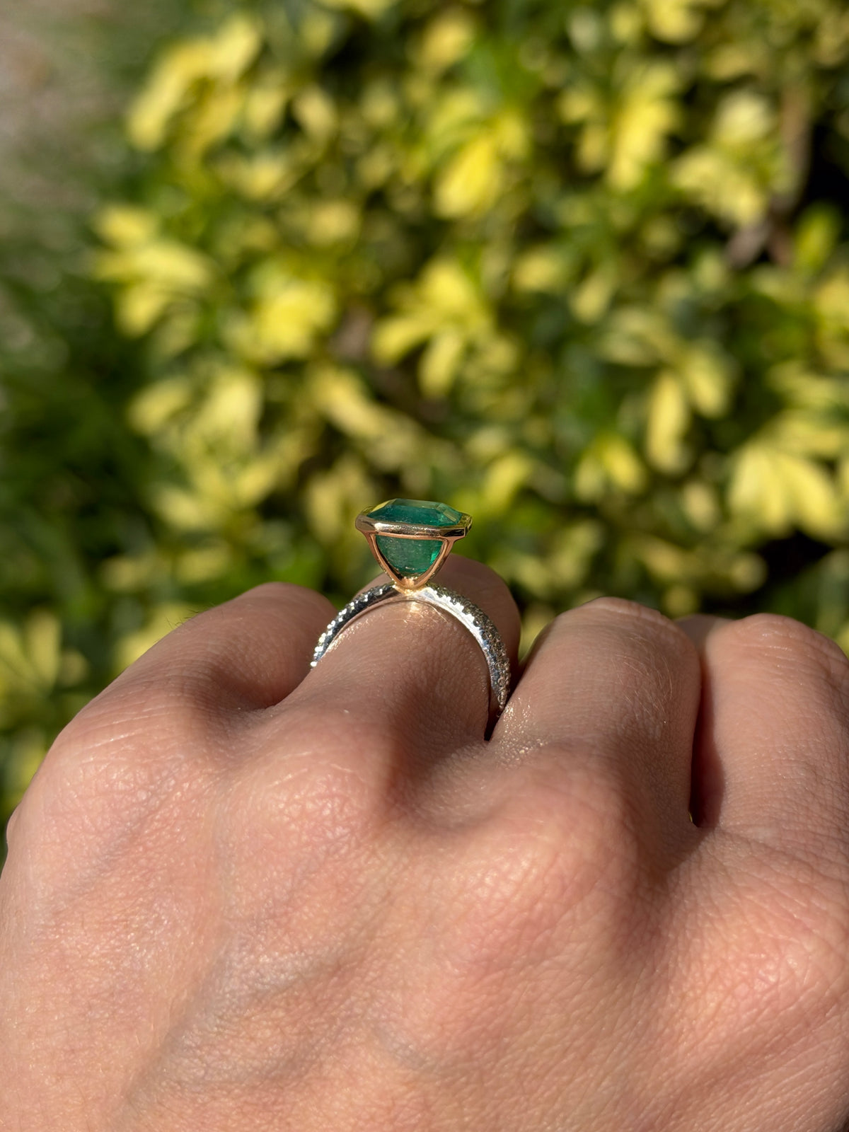 4.60tcw 14K Bezel Set Asscher Emerald & Diamond Split Shank in Platinum Ring