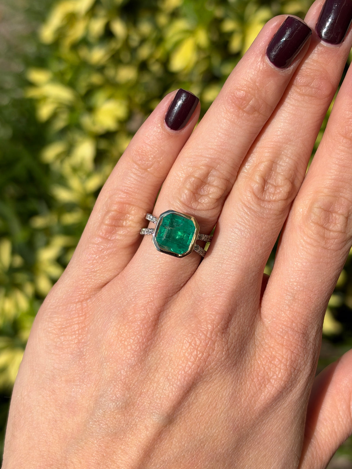 4.60tcw 14K Bezel Set Asscher Emerald & Diamond Split Shank in Platinum Ring