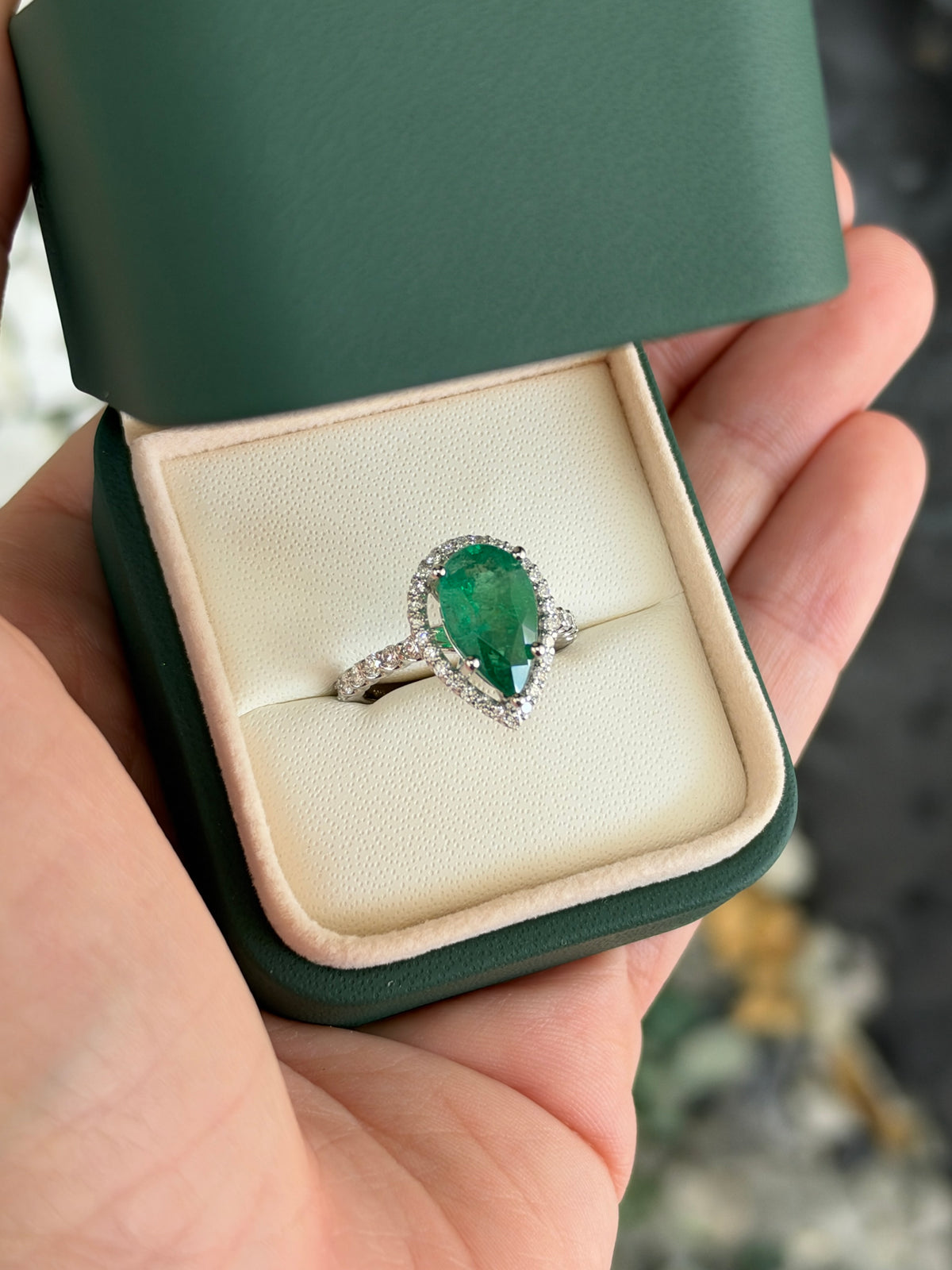 3.95tcw 14K Natural Deep Green Pear Cut Emerald & Lab Diamond Halo White Gold Engagement Ring