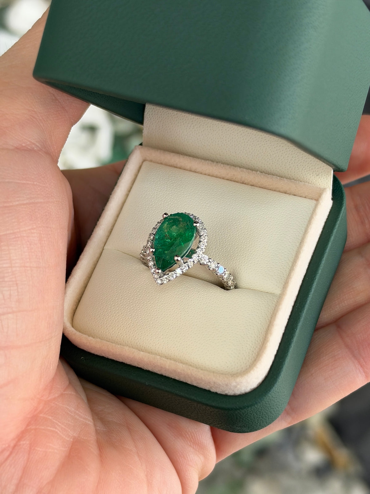3.95tcw 14K Natural Deep Green Pear Cut Emerald & Lab Diamond Halo White Gold Engagement Ring