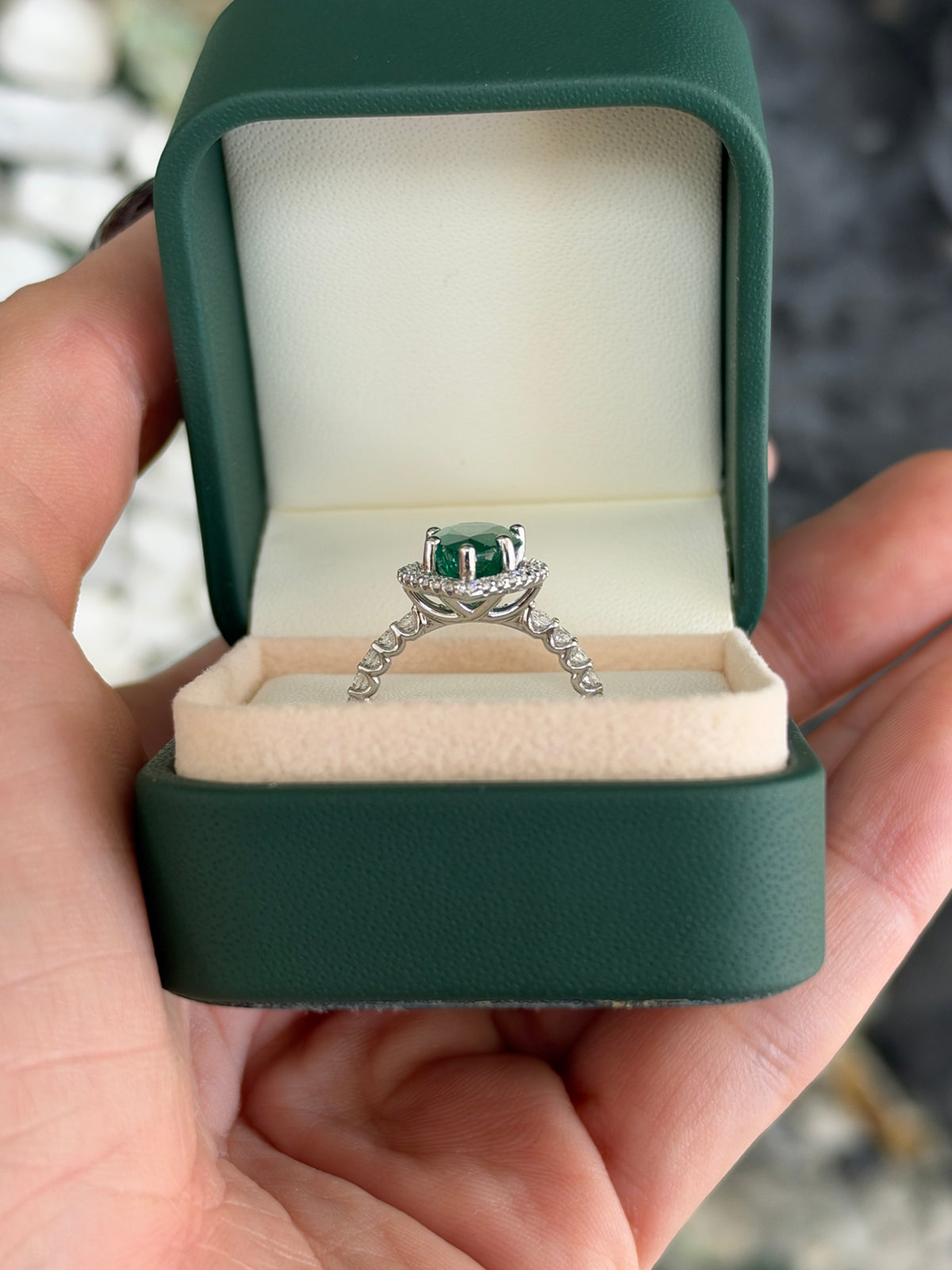 3.95tcw 14K Natural Deep Green Pear Cut Emerald & Lab Diamond Halo White Gold Engagement Ring
