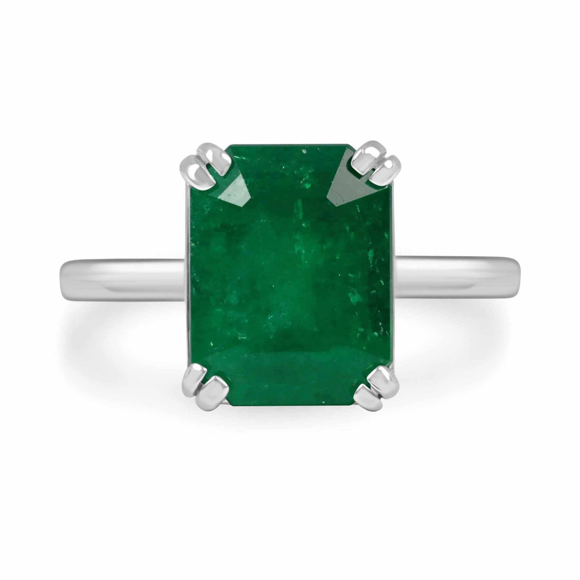 4.20ct Platinum Deep Rich Green Colombian Emerald Cut Emerald Solitaire Engagement Ring - JR Colombian Emeralds