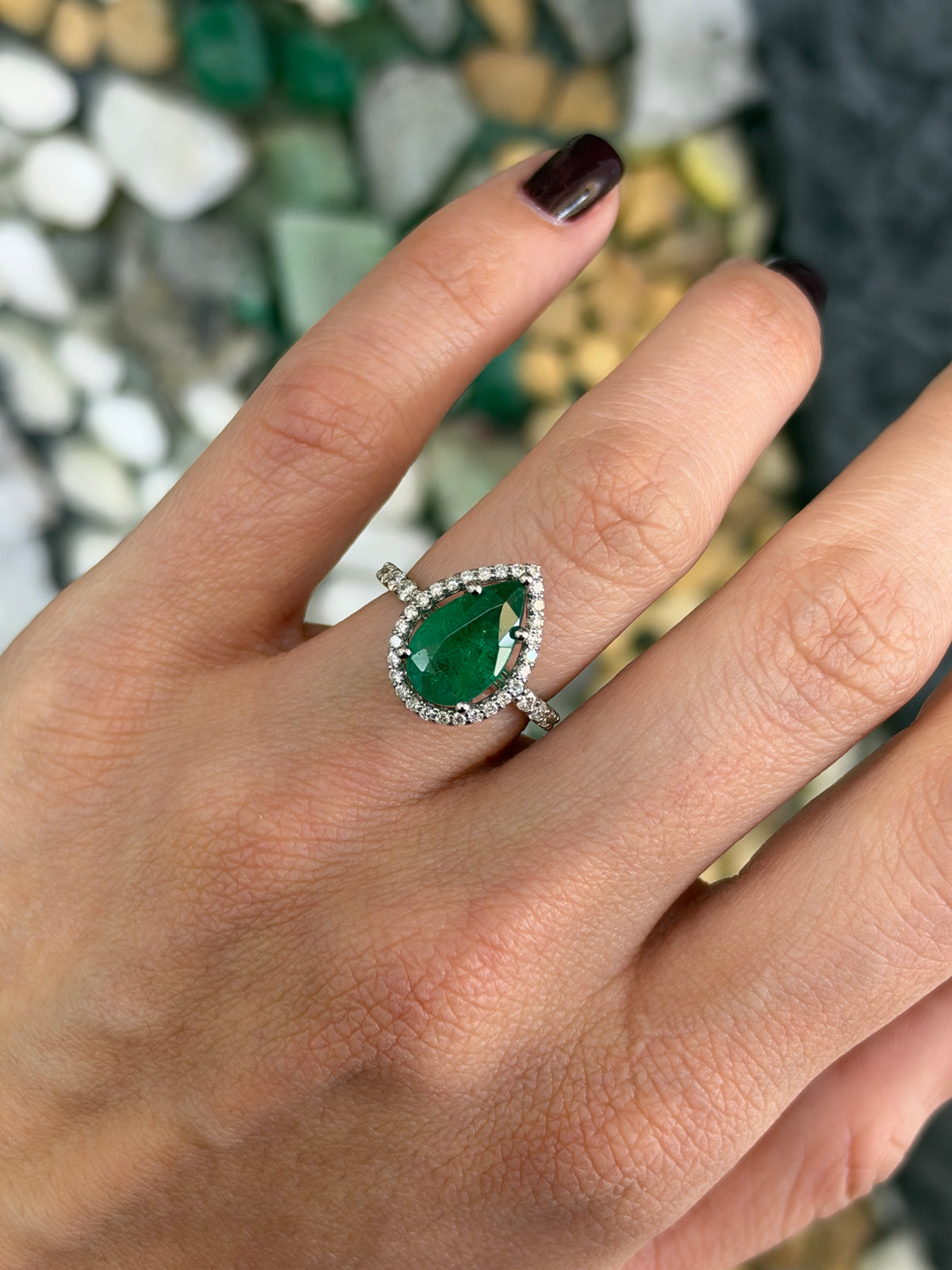 3.95tcw 14K Natural Deep Green Pear Cut Emerald & Lab Diamond Halo White Gold Engagement Ring