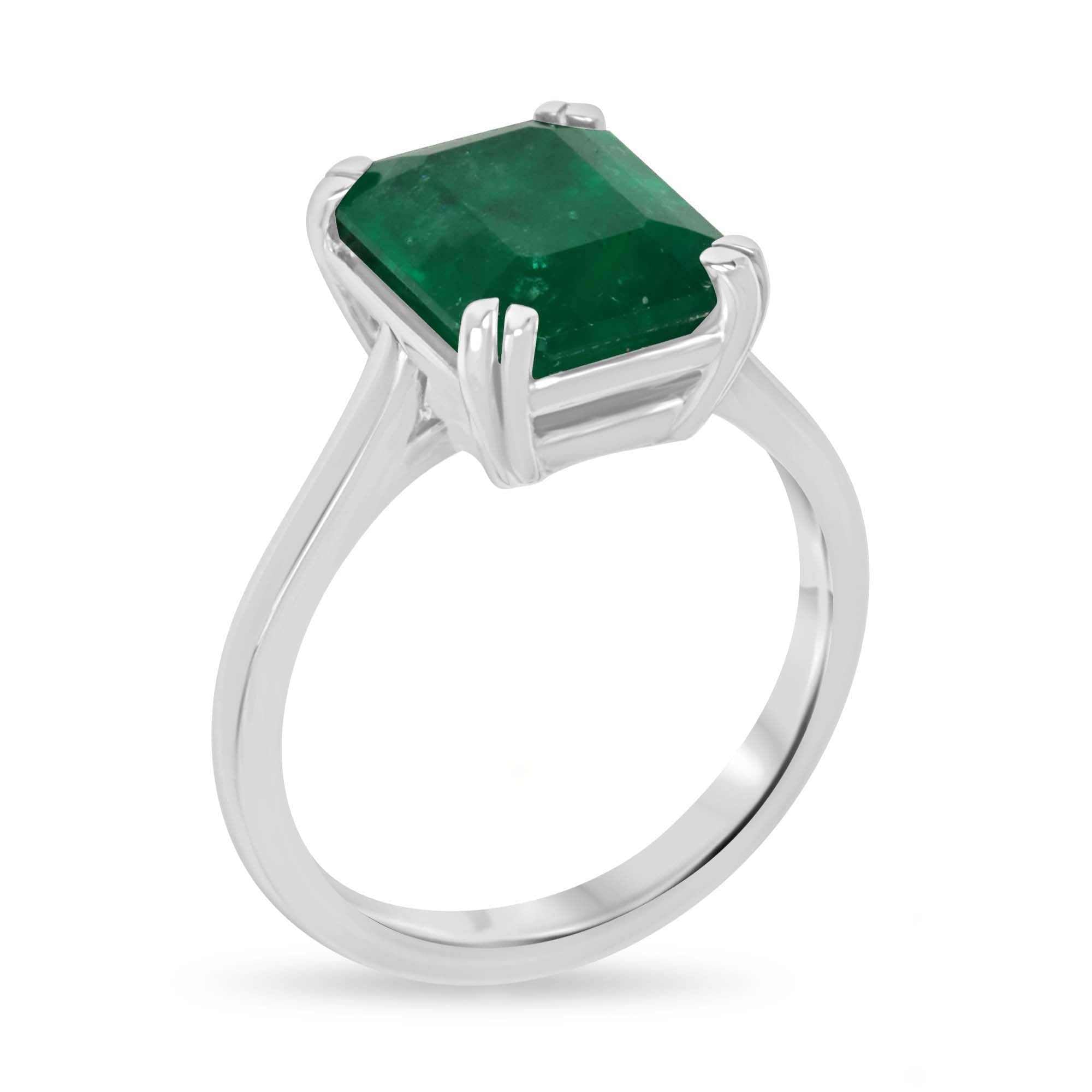 4.20ct Platinum Deep Rich Green Colombian Emerald Cut Emerald Solitaire Engagement Ring - JR Colombian Emeralds