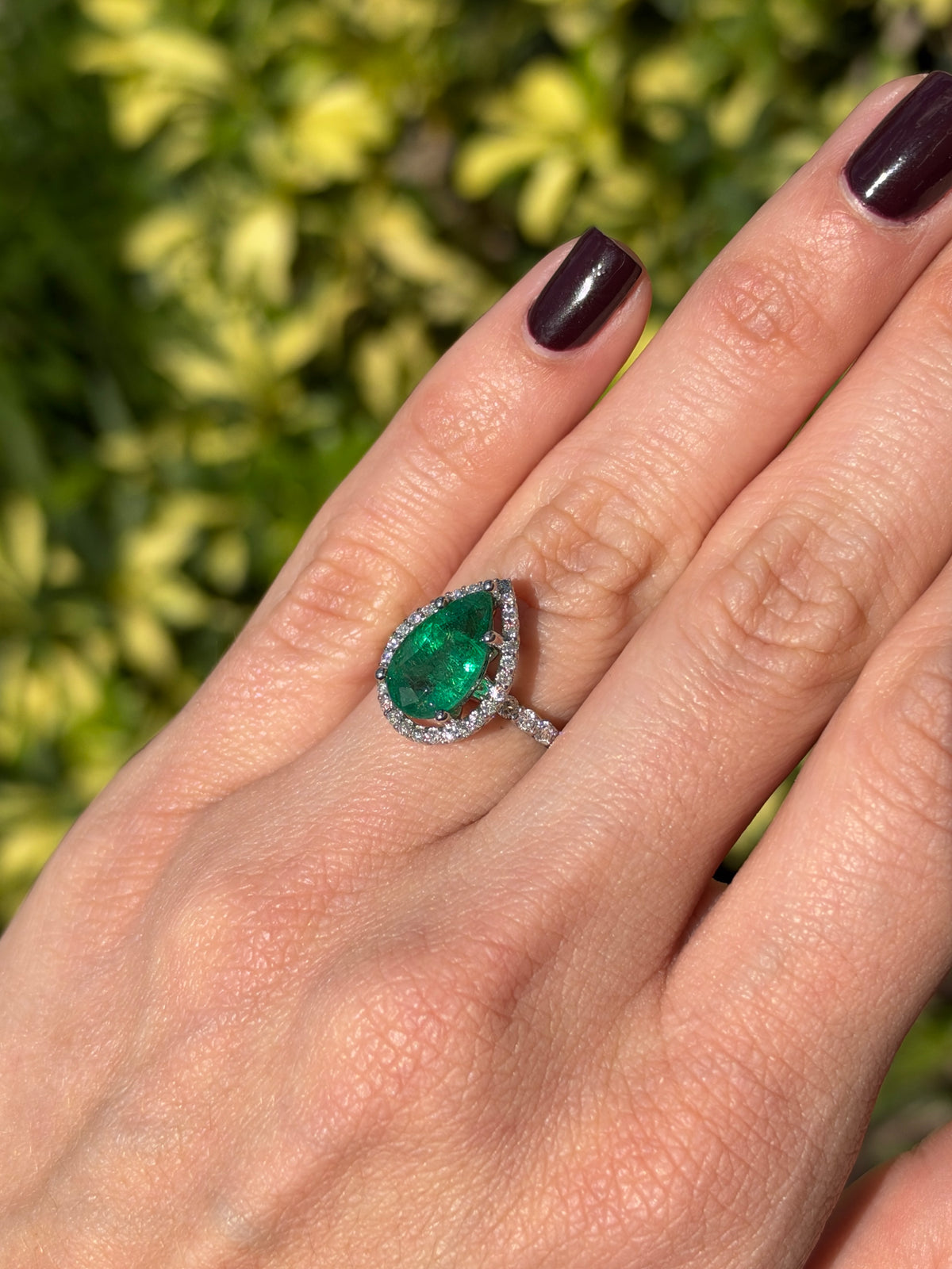 3.95tcw 14K Natural Deep Green Pear Cut Emerald & Lab Diamond Halo White Gold Engagement Ring