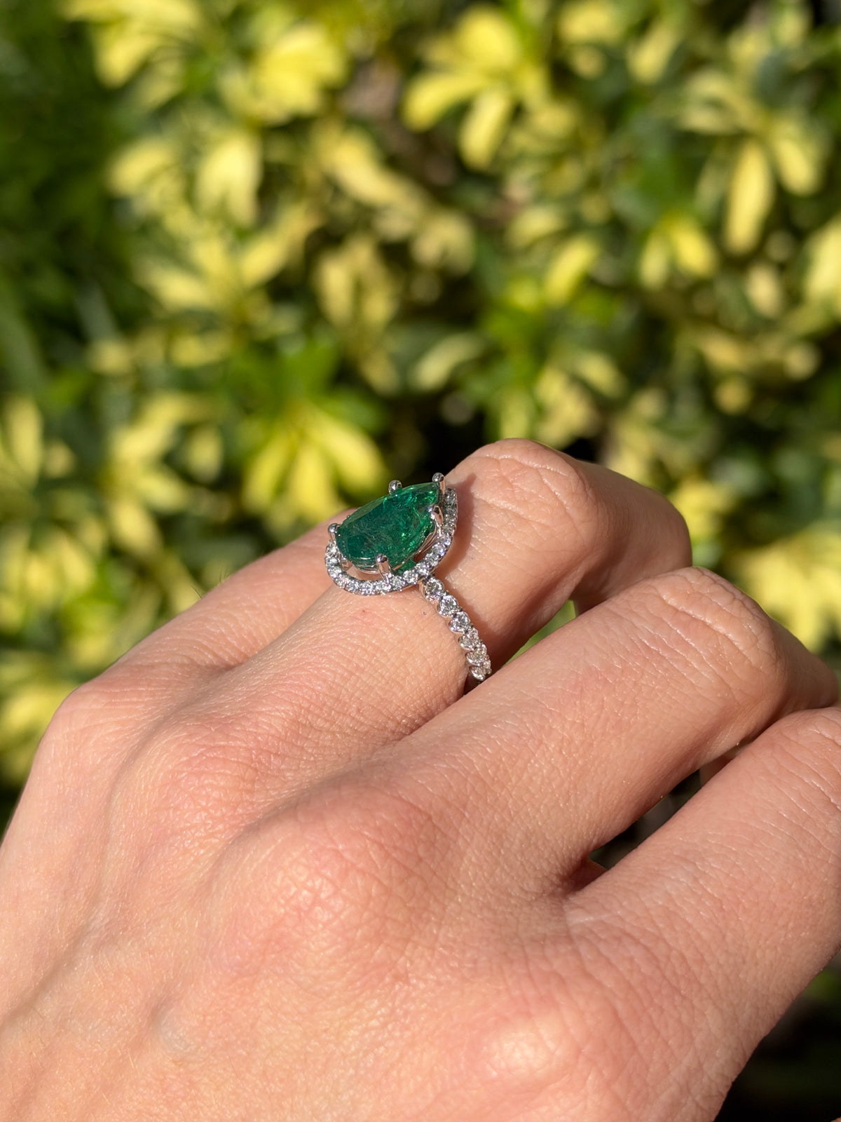 3.95tcw 14K Natural Deep Green Pear Cut Emerald & Lab Diamond Halo White Gold Engagement Ring