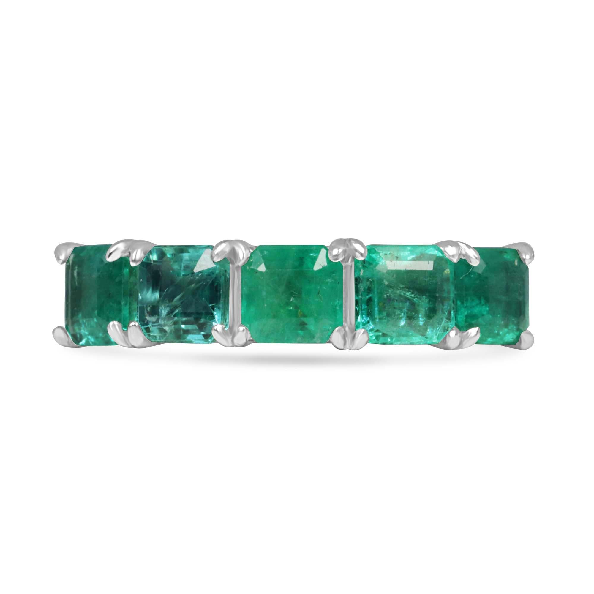3.30tcw Platinum Natural Emerald Asscher Cut Five Stone Wedding Band Ring - JR Colombian Emeralds