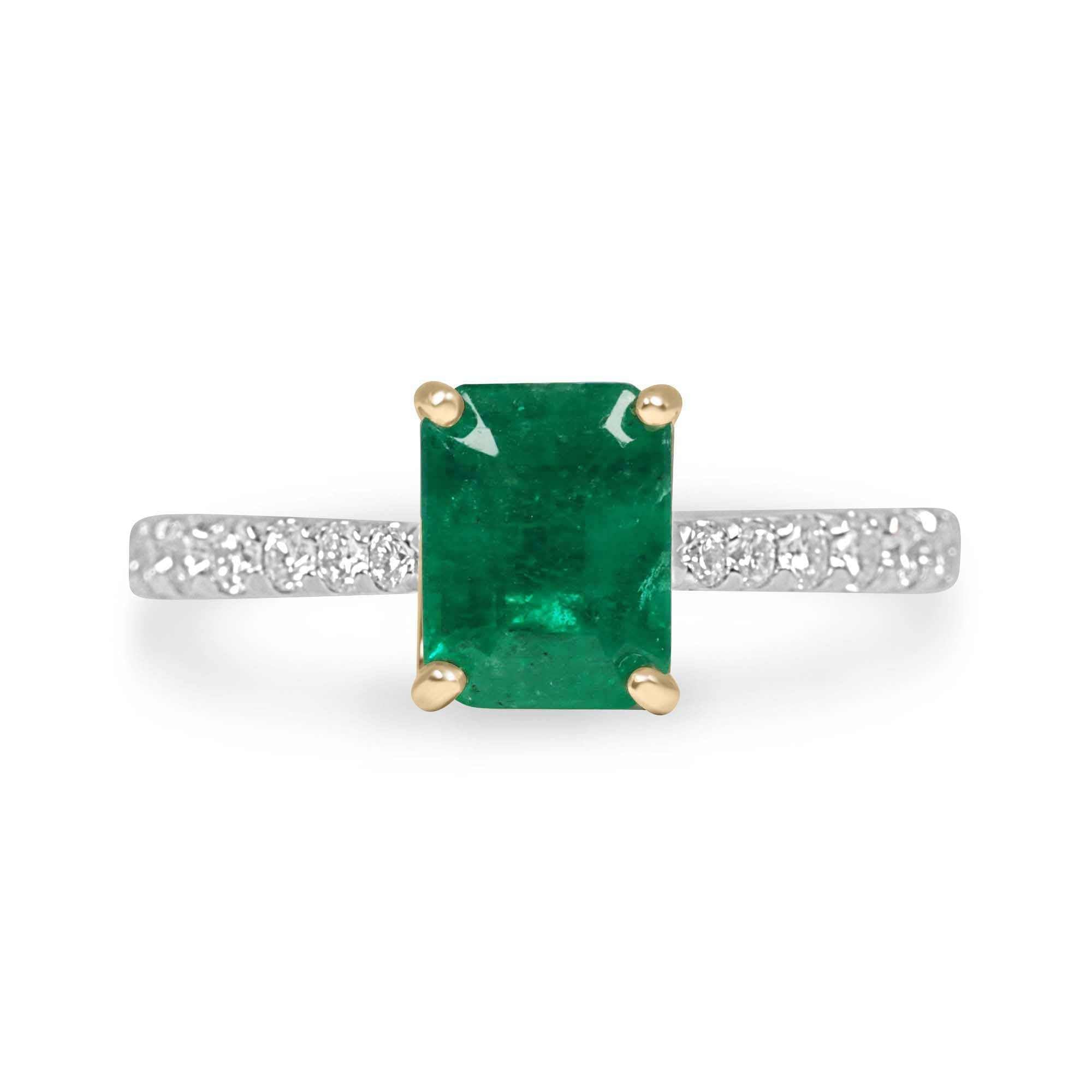 2.10tcw emerald cut vivid green emerald engagement ring with lab diamond accents in 14K yellow gold and platinum