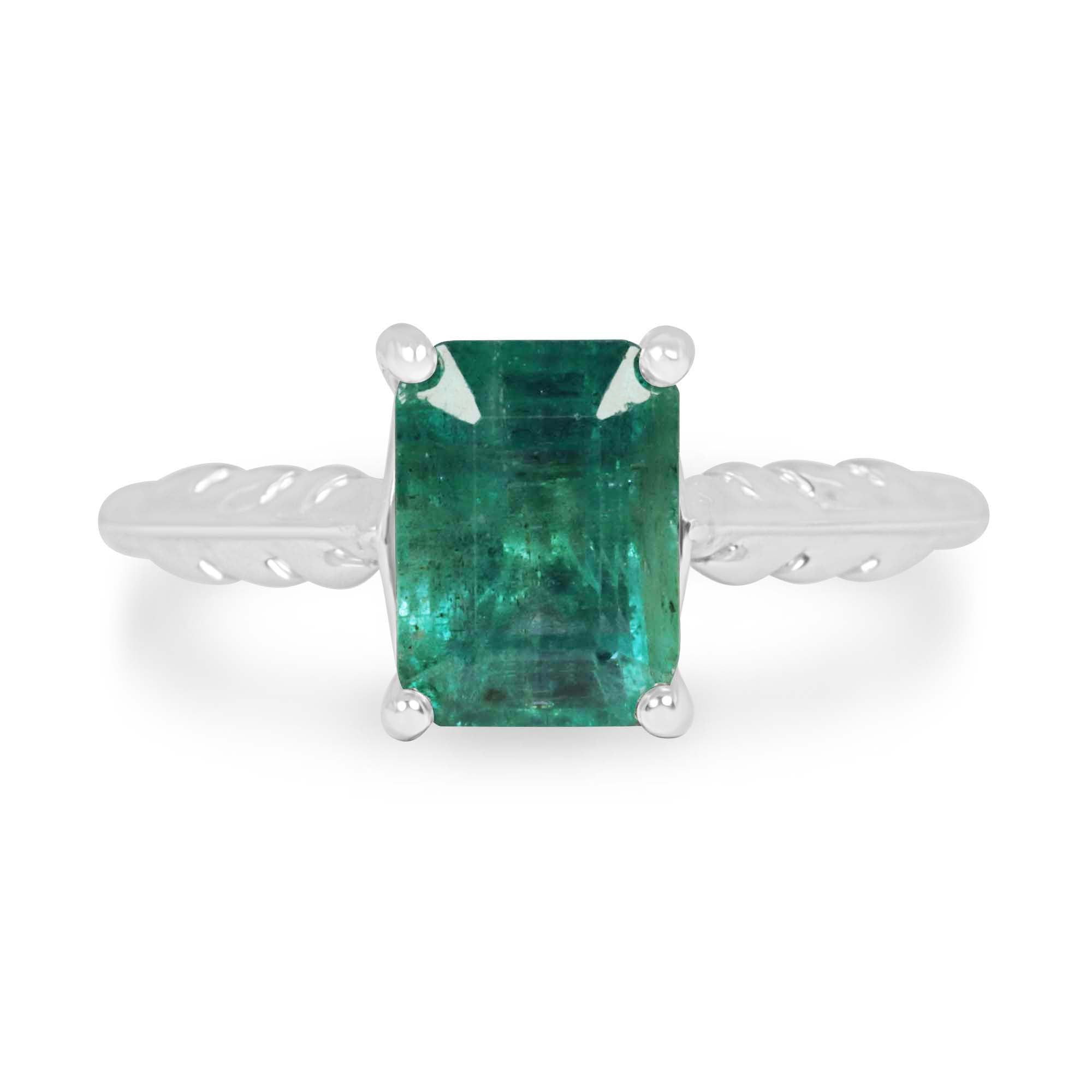 2.55ct Natural Bluish Green Emerald Cut Emerald Solitaire Floral Right Hand Ring 14K White Gold - JR Colombian Emeralds