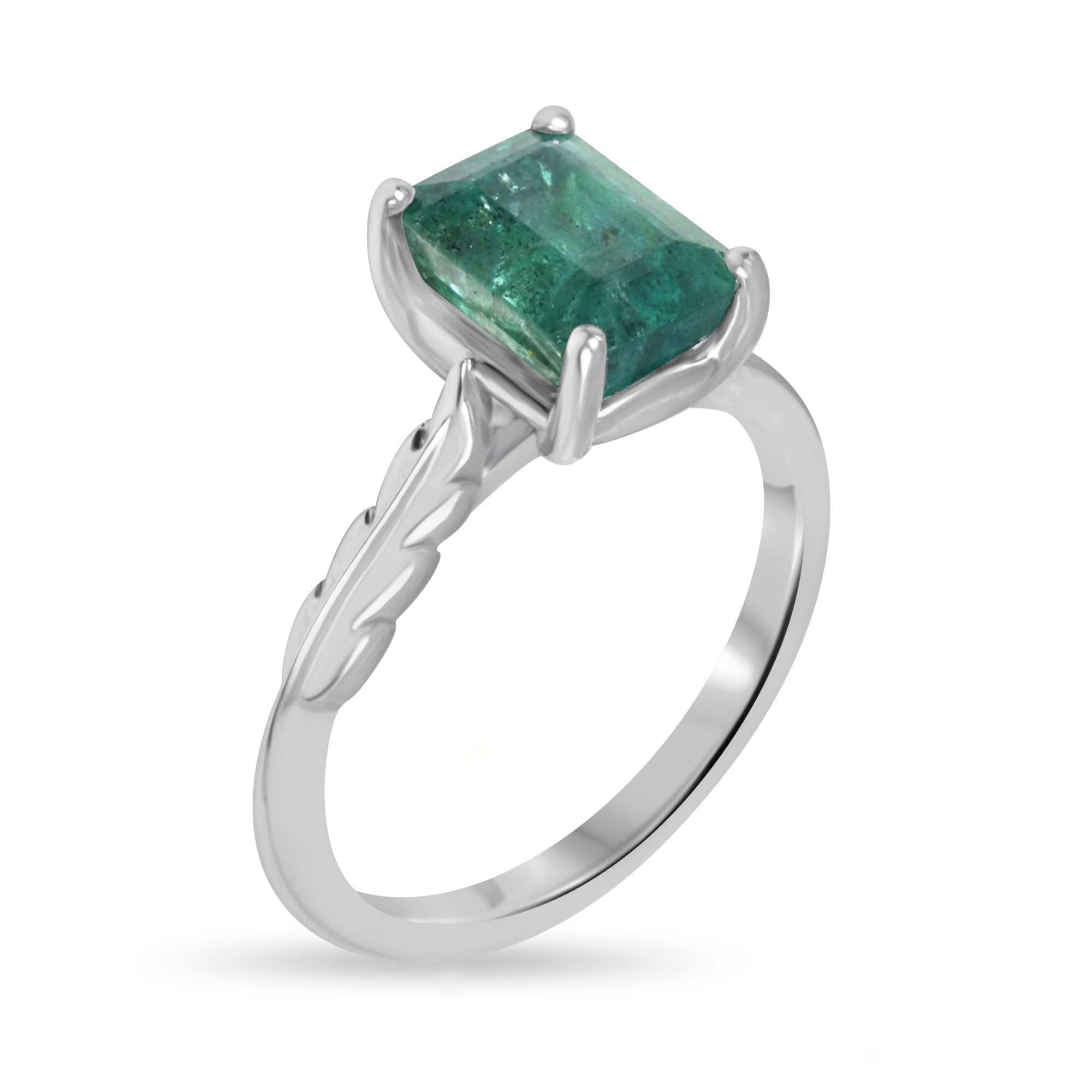 2.55ct Natural Bluish Green Emerald Cut Emerald Solitaire Floral Right Hand Ring 14K White Gold - JR Colombian Emeralds