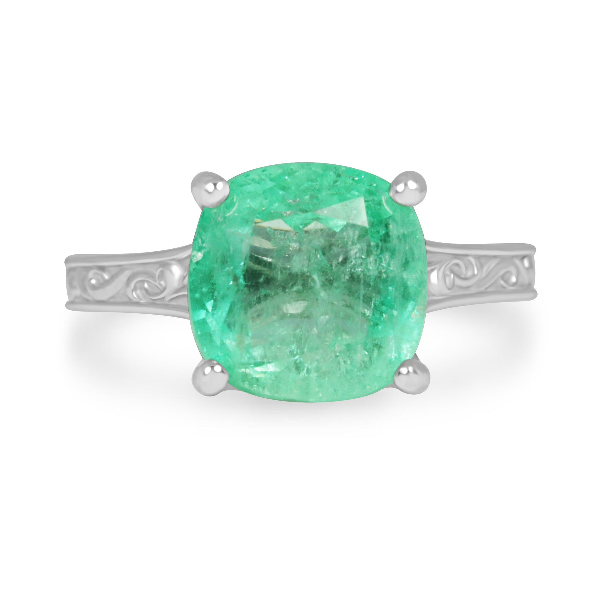 5.34ct Natural Colombian Emerald Seafoam Green Cushion Cut Emerald Right Hand Ring - JR Colombian Emeralds