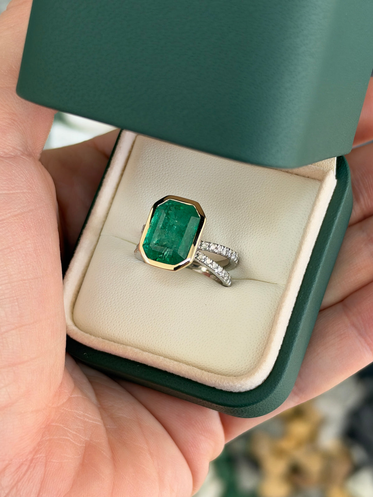 6.0tcw 14K Bezel Set Natural Emerald & Diamond Split Shank in Platinum Ring