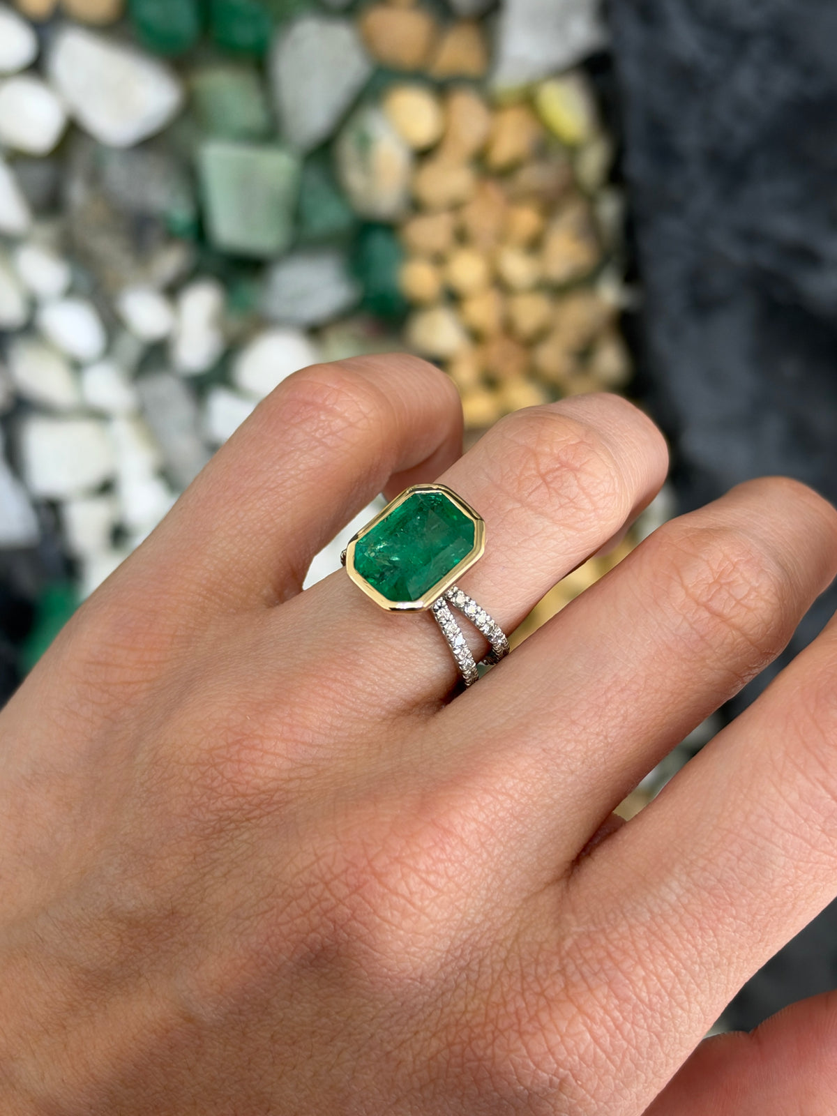 6.0tcw 14K Bezel Set Natural Emerald & Diamond Split Shank in Platinum Ring
