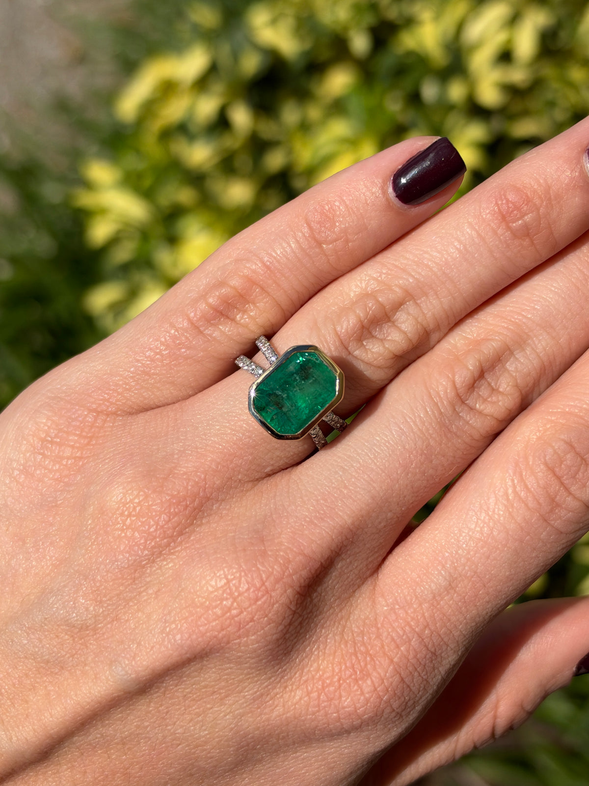 6.0tcw 14K Bezel Set Natural Emerald & Diamond Split Shank in Platinum Ring
