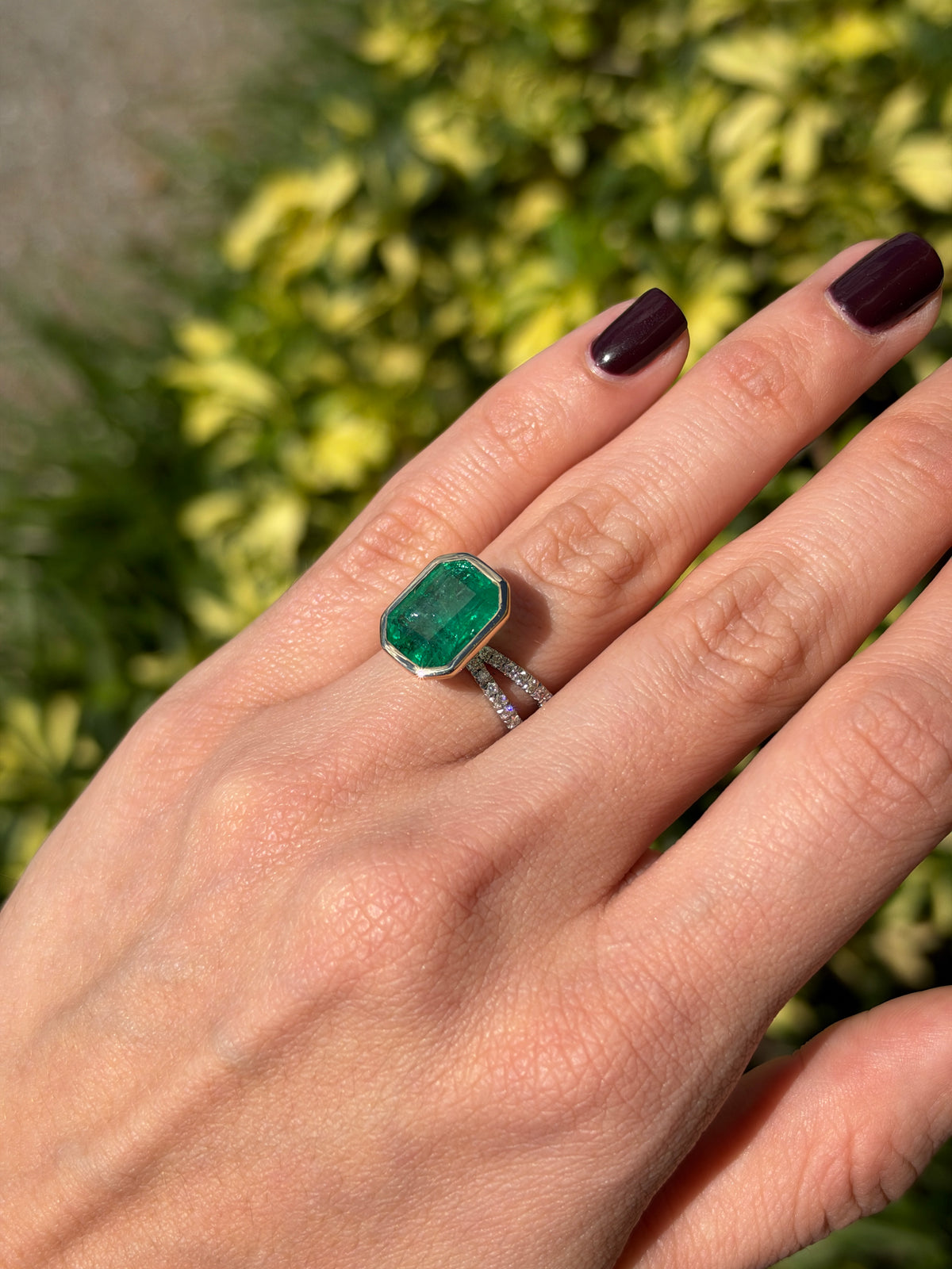6.0tcw 14K Bezel Set Natural Emerald & Diamond Split Shank in Platinum Ring