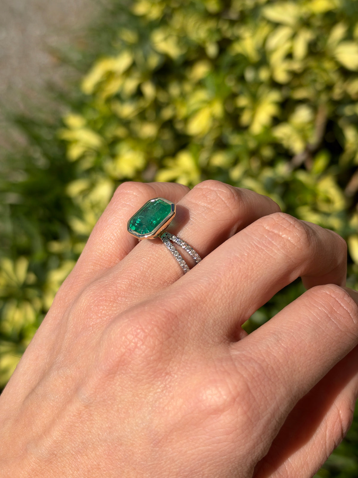 6.0tcw 14K Bezel Set Natural Emerald & Diamond Split Shank in Platinum Ring